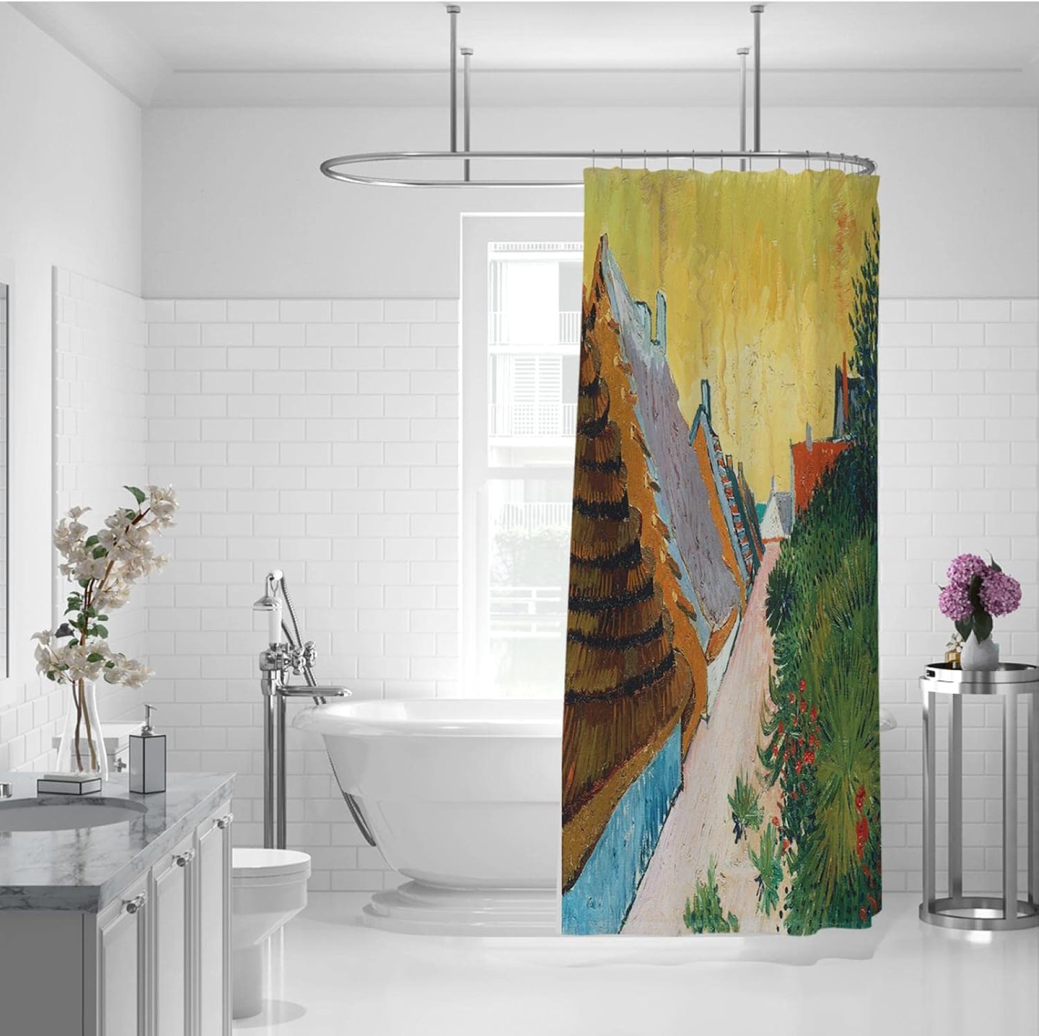 Home Decor Shower Curtain Street in Saintes-Maries Impressionism Bathroom Decor Set Dry and Wet Separation Partition Curtain 48" Wx72 H