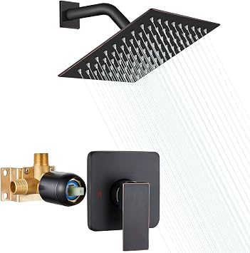 Heyalan 8 Inch Shower Head and Handle Set Square Shower Faucet Set Bathroom Rainfall Shower Faucet Set Stainless Steel Showerhead Single Function Shower Trim Kit,Male Thread Valve,Oil Rubbed Bronze