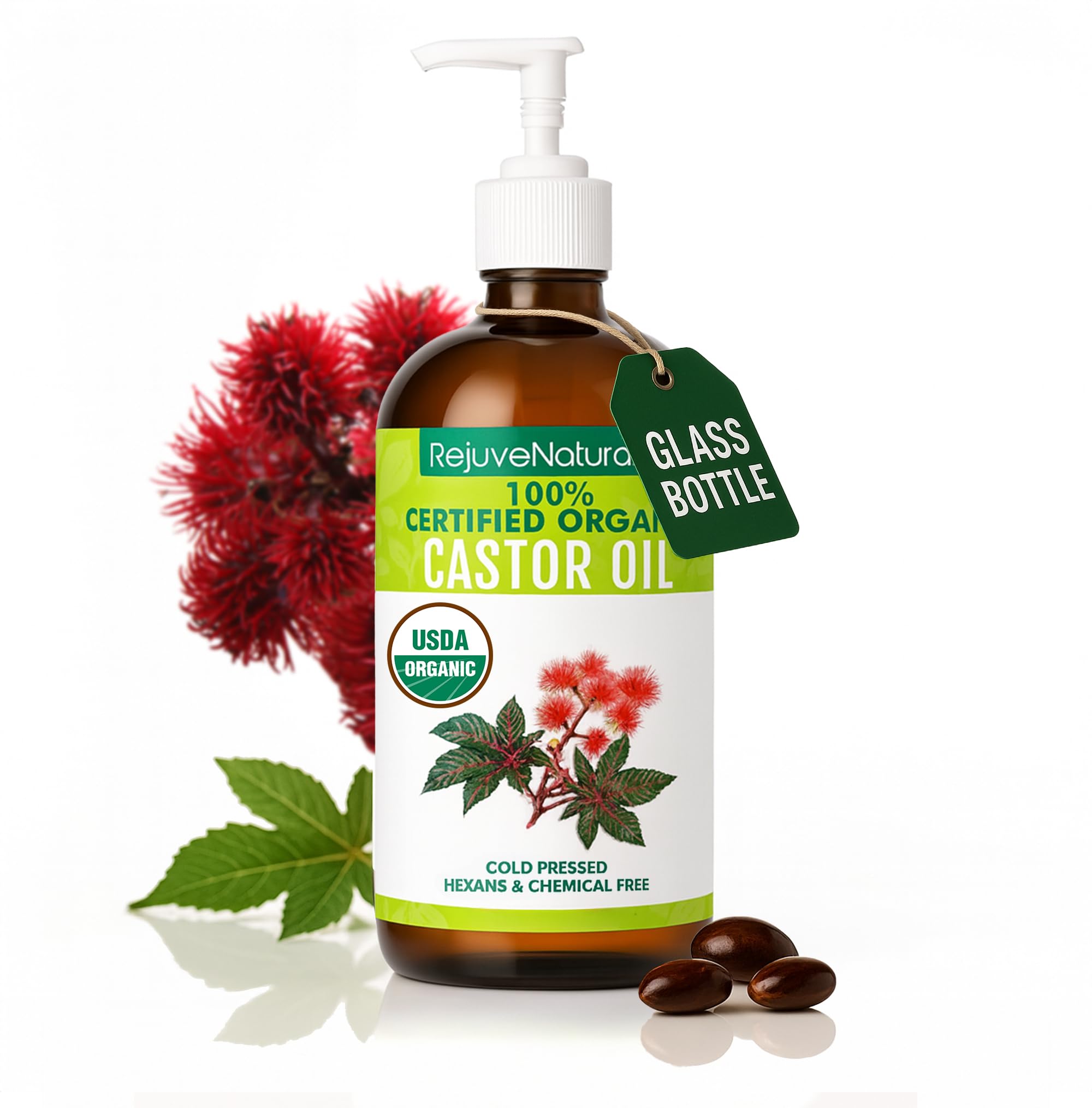 RejuveNaturals Castor Oil (16oz Glass Bottle) USDA Certified Organic, 100% Pure, Cold Pressed, Hexane Free. Boost Hair Growth for Thicker, Fuller Hair, Lashes & Eyebrows.