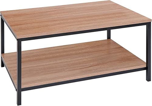 Miniatura 12 de SUPER DEAL Mesa de café industrial de 2 niveles con estante de almacenamiento para apartamento pequeño, sala de estar, mesa auxiliar rectangular de