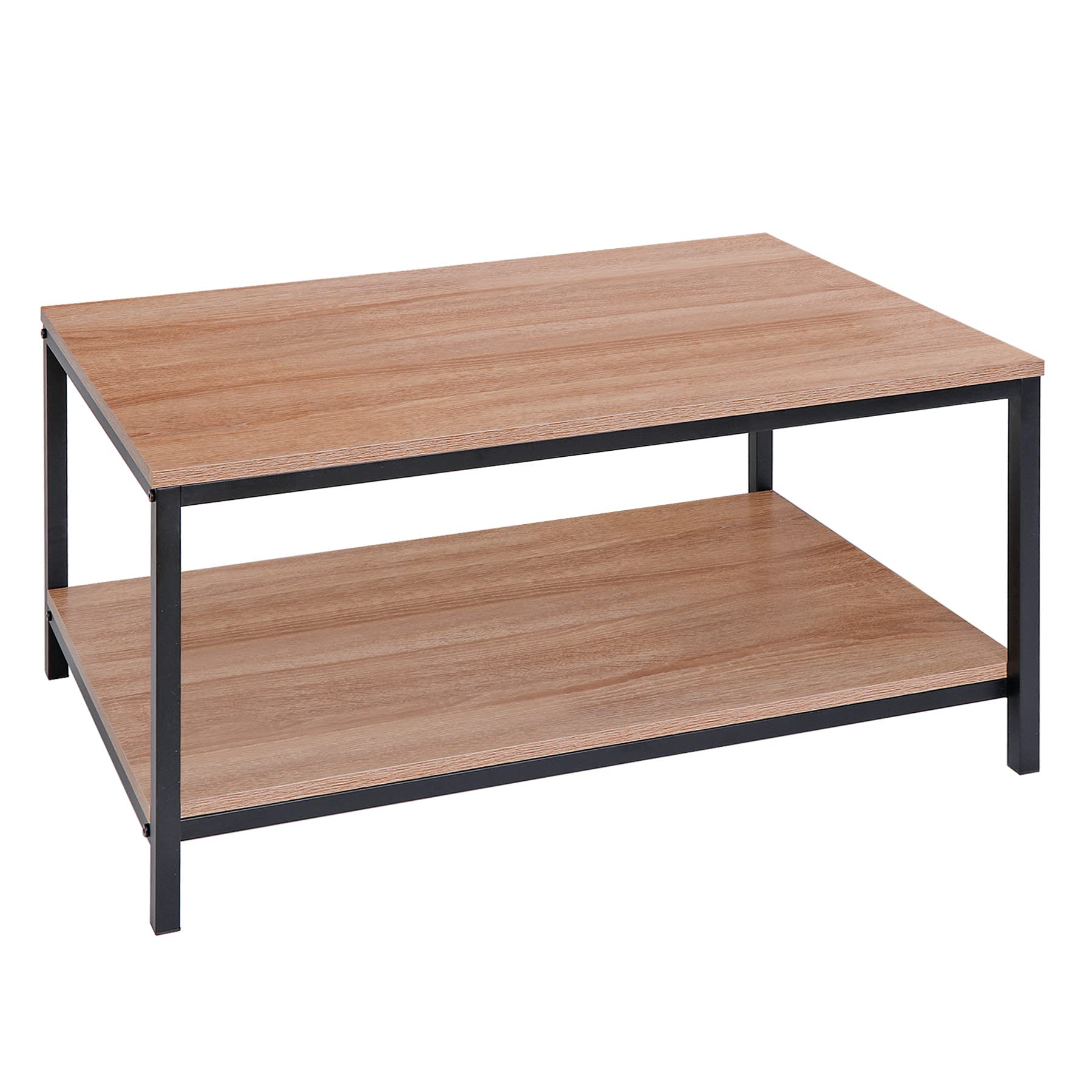 SUPER DEAL 2-Tier Industrial Coffee Table with Storage Shelf for Small Apartment Living Room, Rectangle Wood and Stable Metal TV Stand Side End Table, Light Brown
