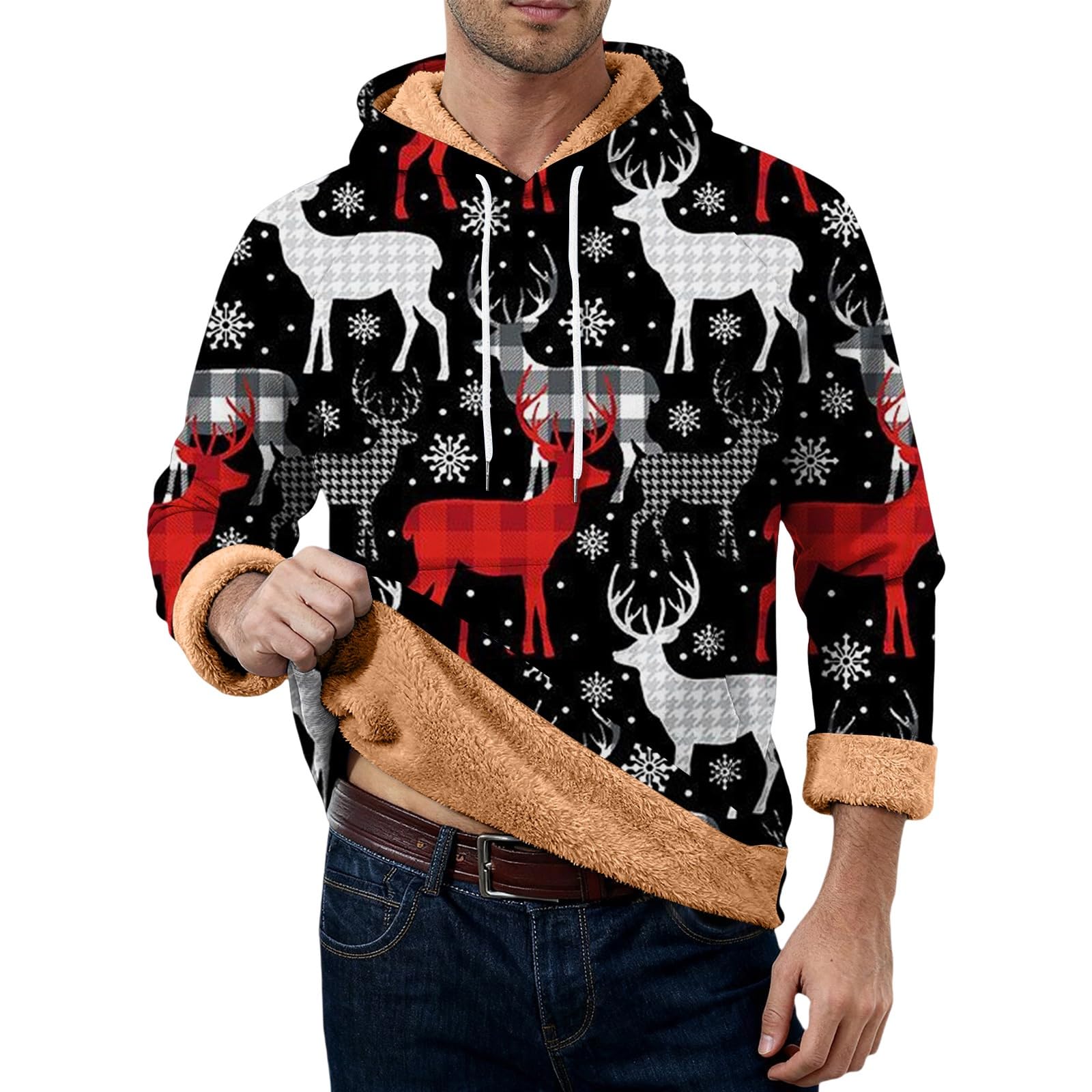 Sudadera con capucha navideña con forro polar para hombre, divertido, reno, árbol de Navidad, sudadera de tallas grandes, vestidos de Navidad, tops de manga larga, cálido, jerséis sherpa novedad