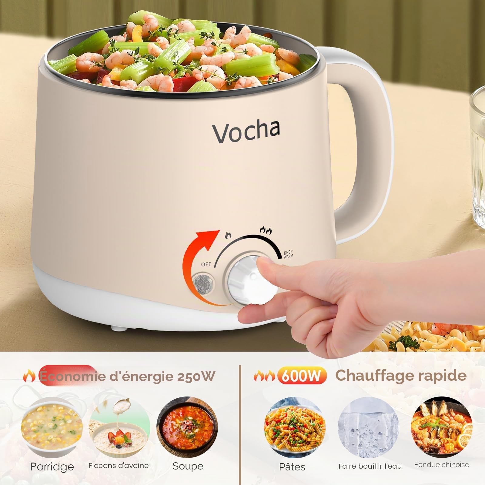 Vocha Marmite électrique avec fonction de maintien au chaud, poêle électrique anti-adhésive de 1,6 L, cuiseur de voyage portable, multicuiseur pour pâtes, nouilles, soupes, œufs durs, légumes (beige)