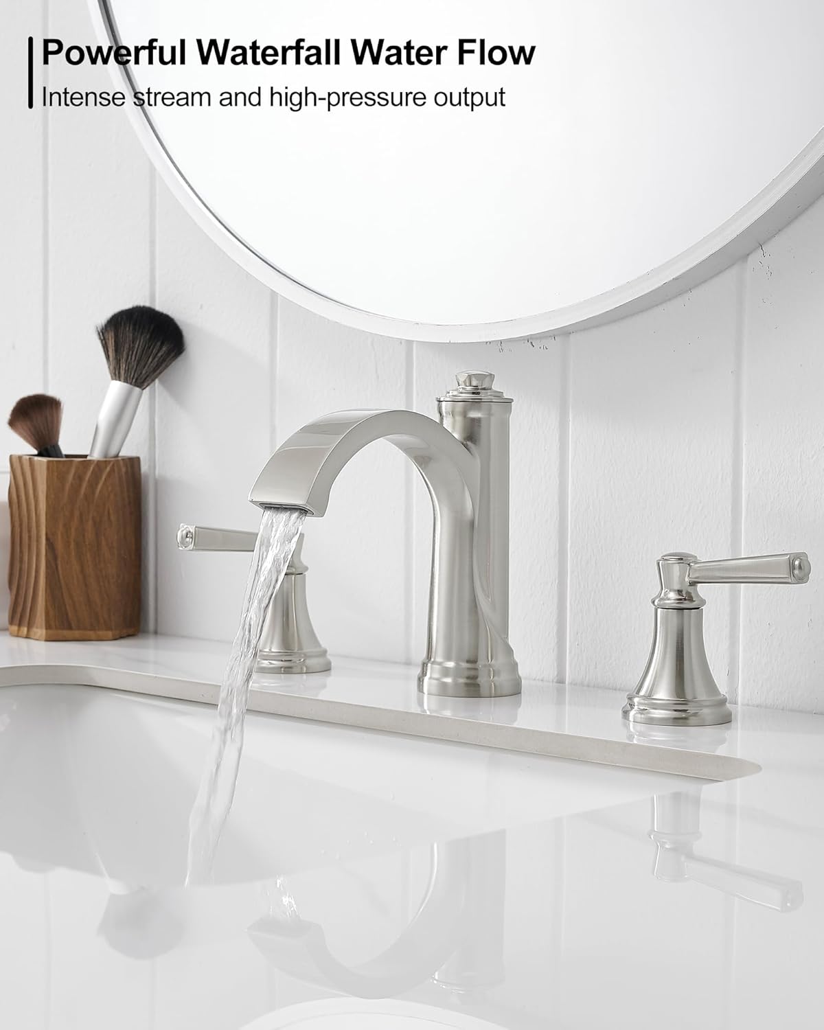Brass Waterfall Bathroom Faucets, Brushed Nickel Bathroom Faucet 4-16 Inch, 2 Handle Widespread Bathroom Sink Faucet 3 Hole with Pop Up Drain and Supply Lines - Image 7