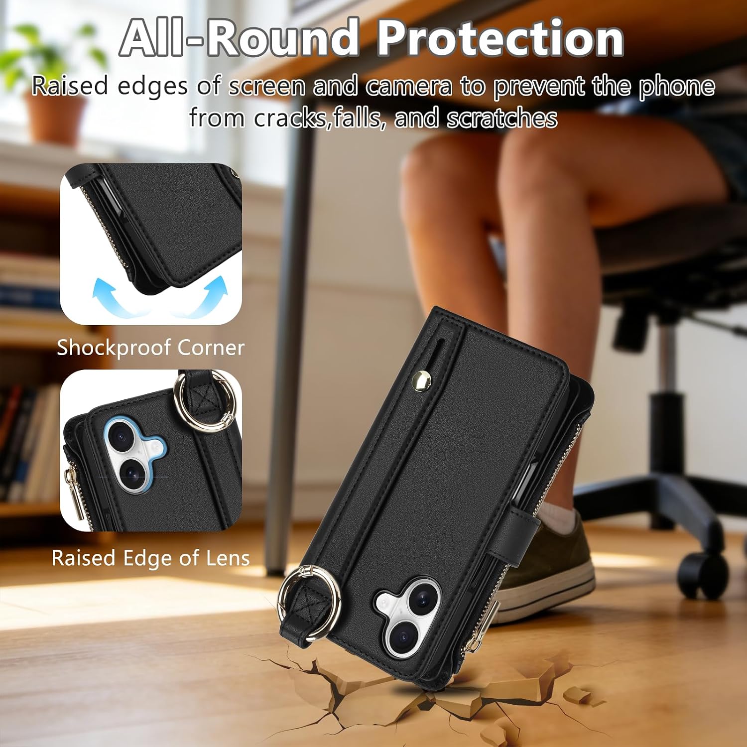 Vofolen for iPhone 17 Case Wallet with Card Holder RFID Blocking Crossbody Strap Leather Flip Heavy Duty Shockproof Protective with Magnetic Clasp Zipper Pocket Metal Ring Wrist Strap Phone Case-Black
