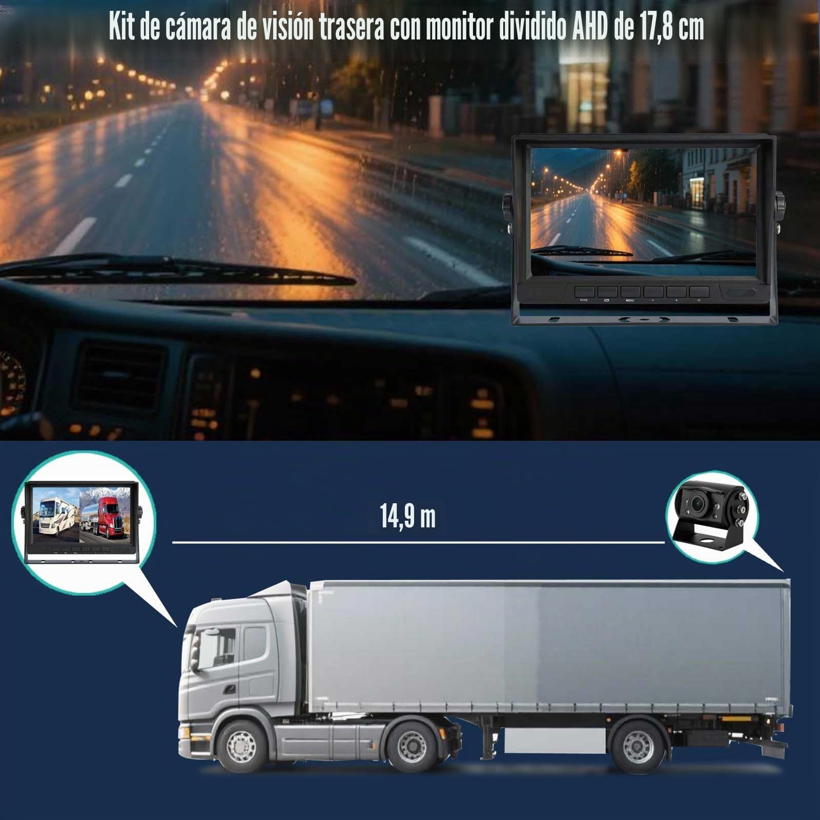 Cámara de marcha atrás AHD 1080P para vehículo y camión con monitor de pantalla de 2 divisiones de 7 pulgadas, 2 cámaras de visión trasera impermeables de visión nocturna con cable de 15 m para