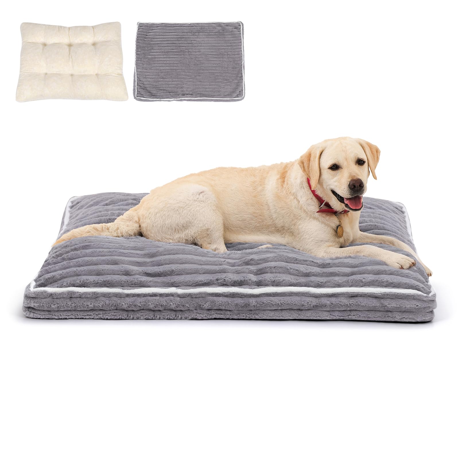 Cama para Perros Grandes: Cojín Lavable con Piel de Conejo Sintética - Forro 100% Impermeable - Base Antideslizante y Funda Extraíble para Jaulas y Casa (106 x 80 x 13 cm)