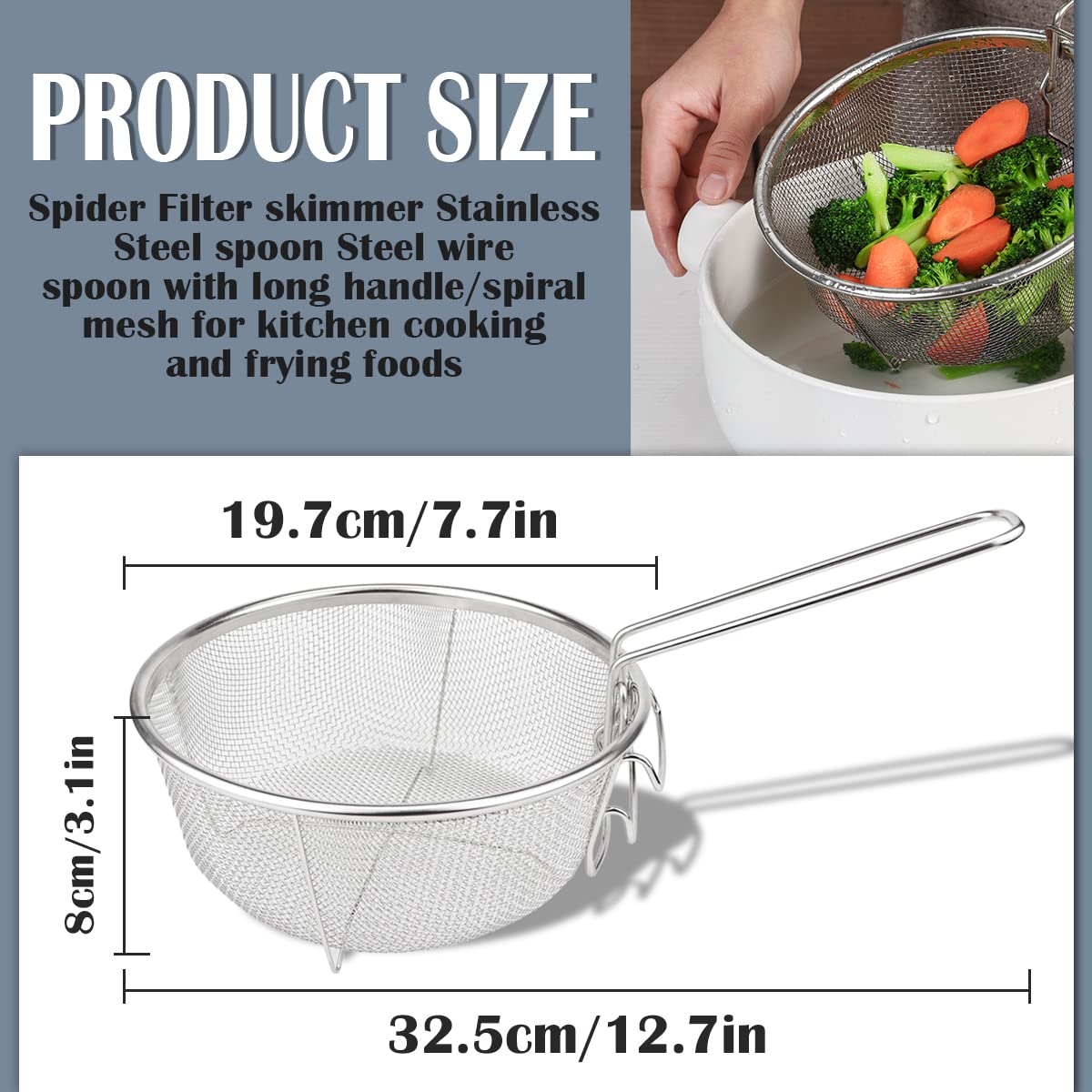 Stainless Steel Drain Basket, Multifunctional Foldable Deep Fry Basket - Round Wire Mesh French Chip Frying Serving Food Presentation Tableware with Folding Handles 32.5X19.5X8.5