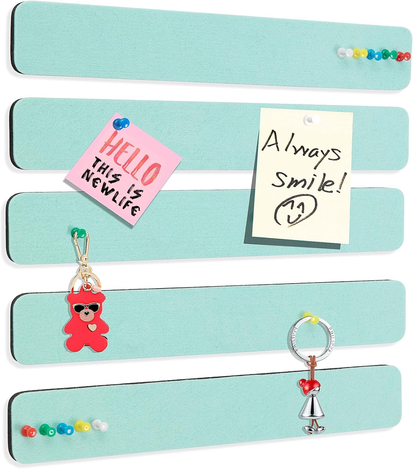XAMILE 5 Pack Felt Pin Board Bar Strips, Light Blue Bulletin Boards for Wall – Self Adhesive Cork Boards with 35 Push Pins, Notice Boards for Office, Home Décor, Notes, Photos, Schedules (Light Blue)