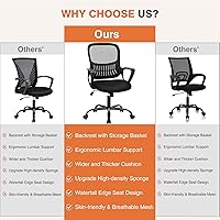 Vista 10 de Sweetcrispy Silla ergonómica de escritorio de malla con respaldo medio con ruedas, soporte lumbar y cómodos reposabrazos para el hogar, dormitorio