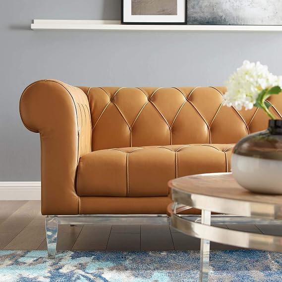 Modway EEI-3441-TAN Idyll Tufted Button Upholstered Leather Chesterfield Sofa in Tan