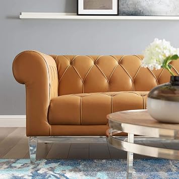 Modway EEI-3441-TAN Idyll Tufted Button Upholstered Leather Chesterfield Sofa in Tan