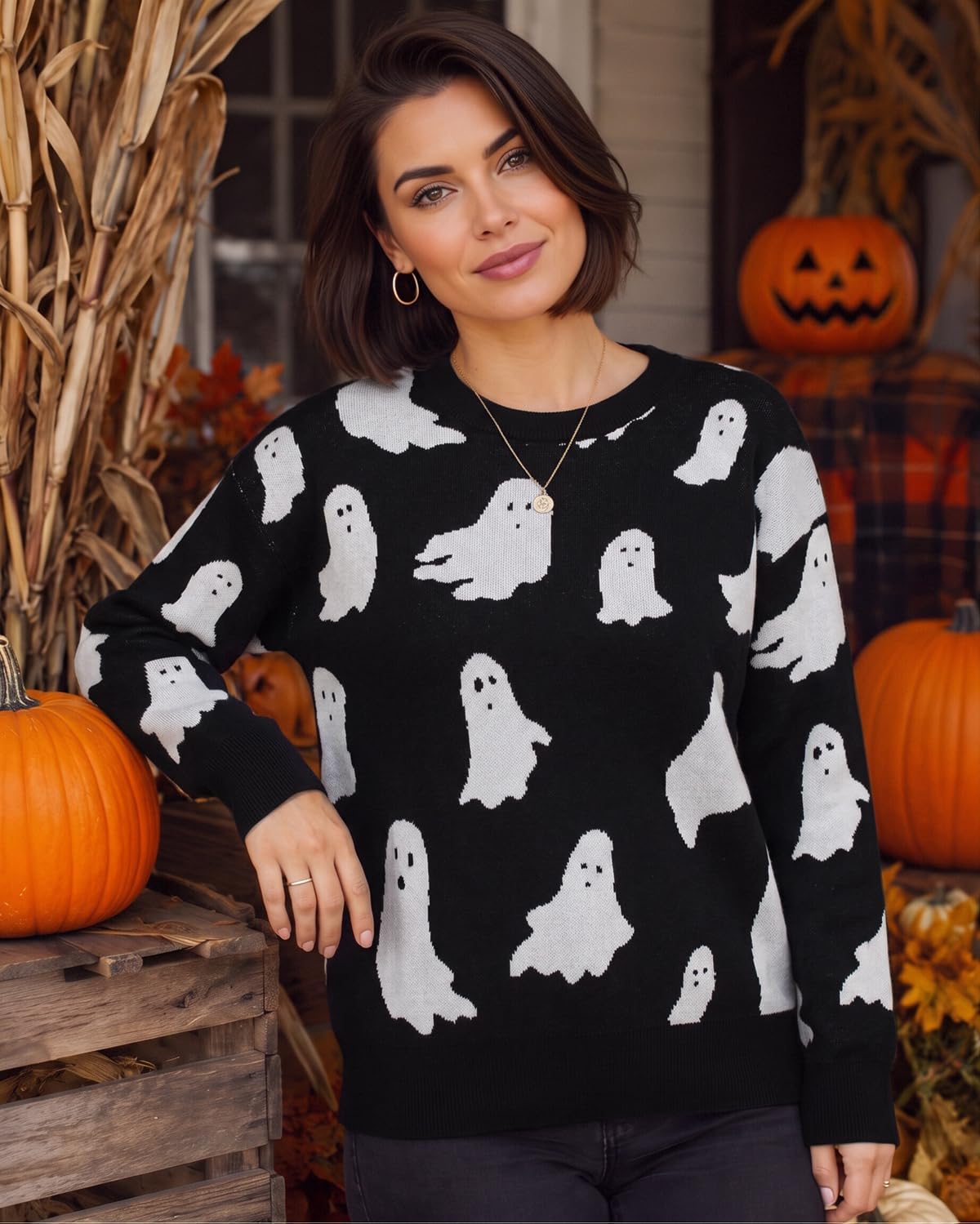 ASTANFY Halloween Sweaters for Women Ghost Graphic Sweaters Holiday