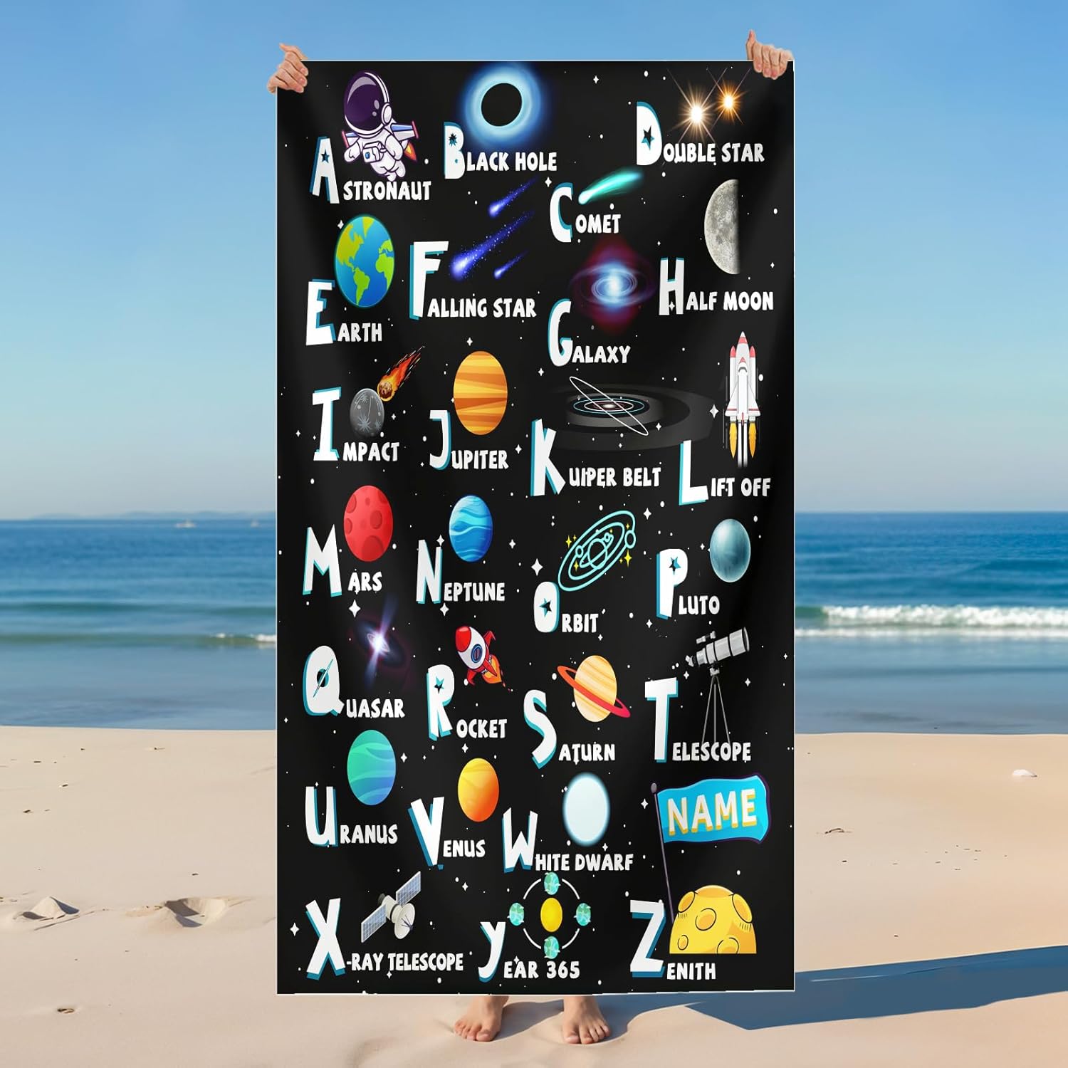 Planet Beach Towel Kids Adults Boys Men, Custom Beach & Bath Towels with Name for Pool Gym Seaside Bathroom, Personalized 40x70 Inches Microfiber Soft Quick Dry Towel for Swimming Camping