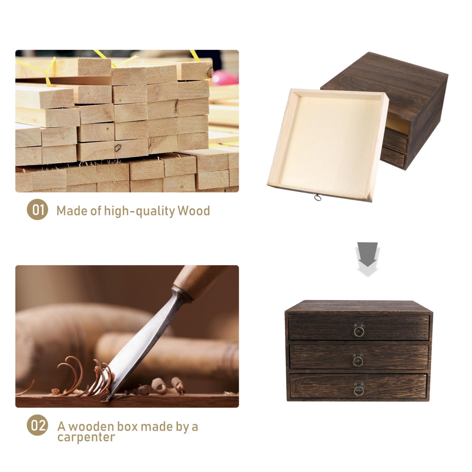 Organizer Retro in Legno Massello da Scrivania 3 Cassetti per Decorazione Casa e Facile Organizzazione di Accessori e Oggetti da Tavolo