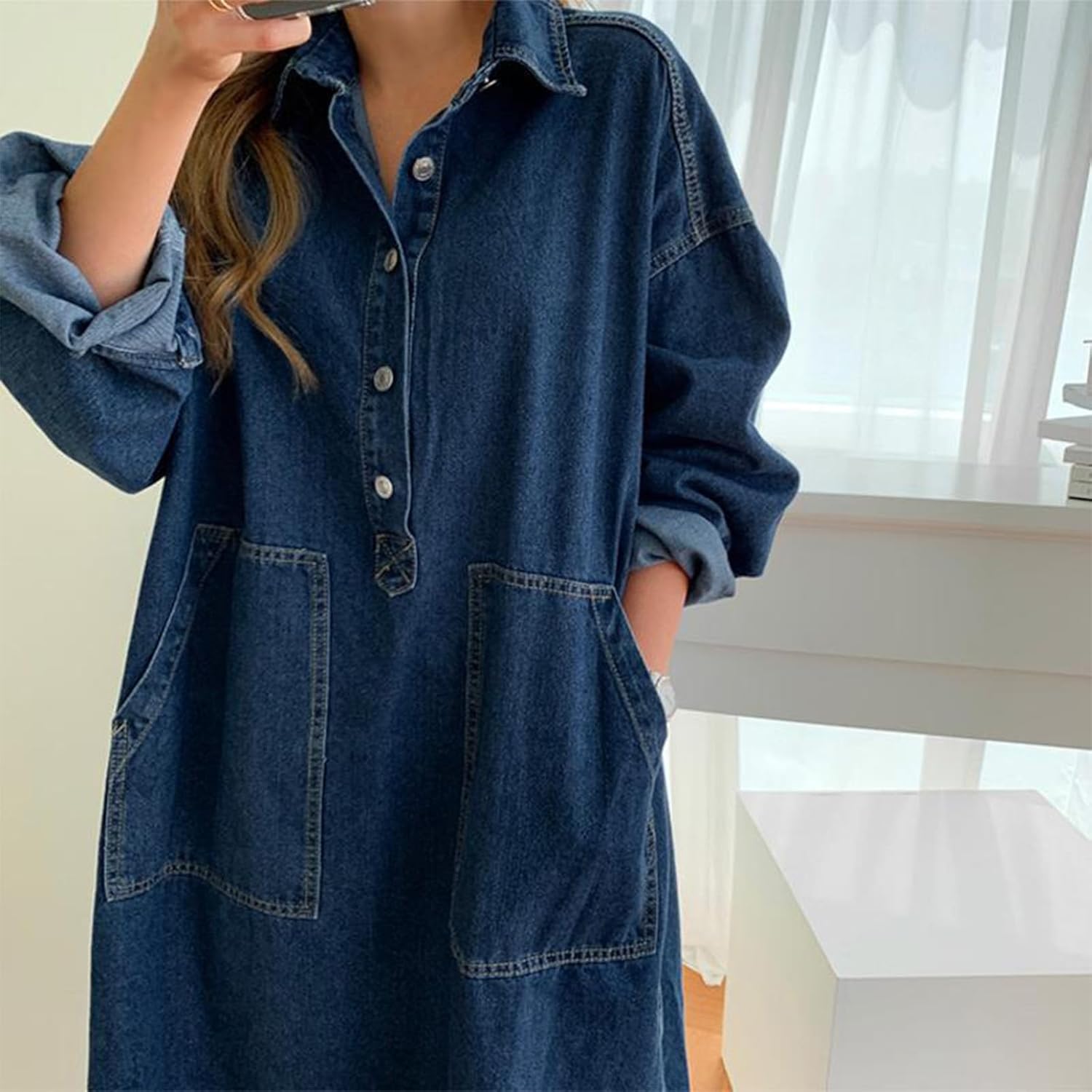 HGps8w Oversized Denim Dress for Women Long Sleeve Loose Lapel Button Down A-Line Casual Maxi Dresses with Pockets