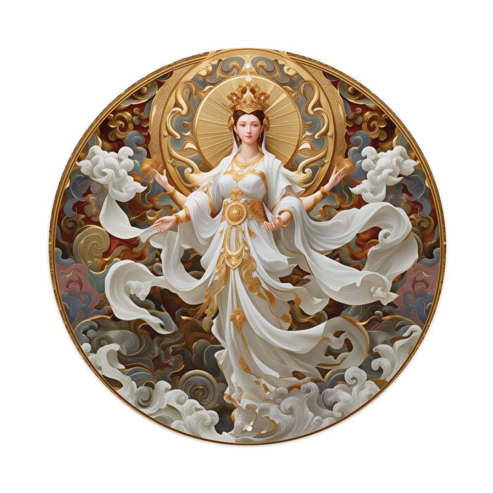 Divine Figure In White Robe With Gold Accents Round Tin Sign Retro Metal Sign for Cafe Bar Pub Home Game Room Gym Club Wall Decoration Vintage Metal Poster 8x8 Inch