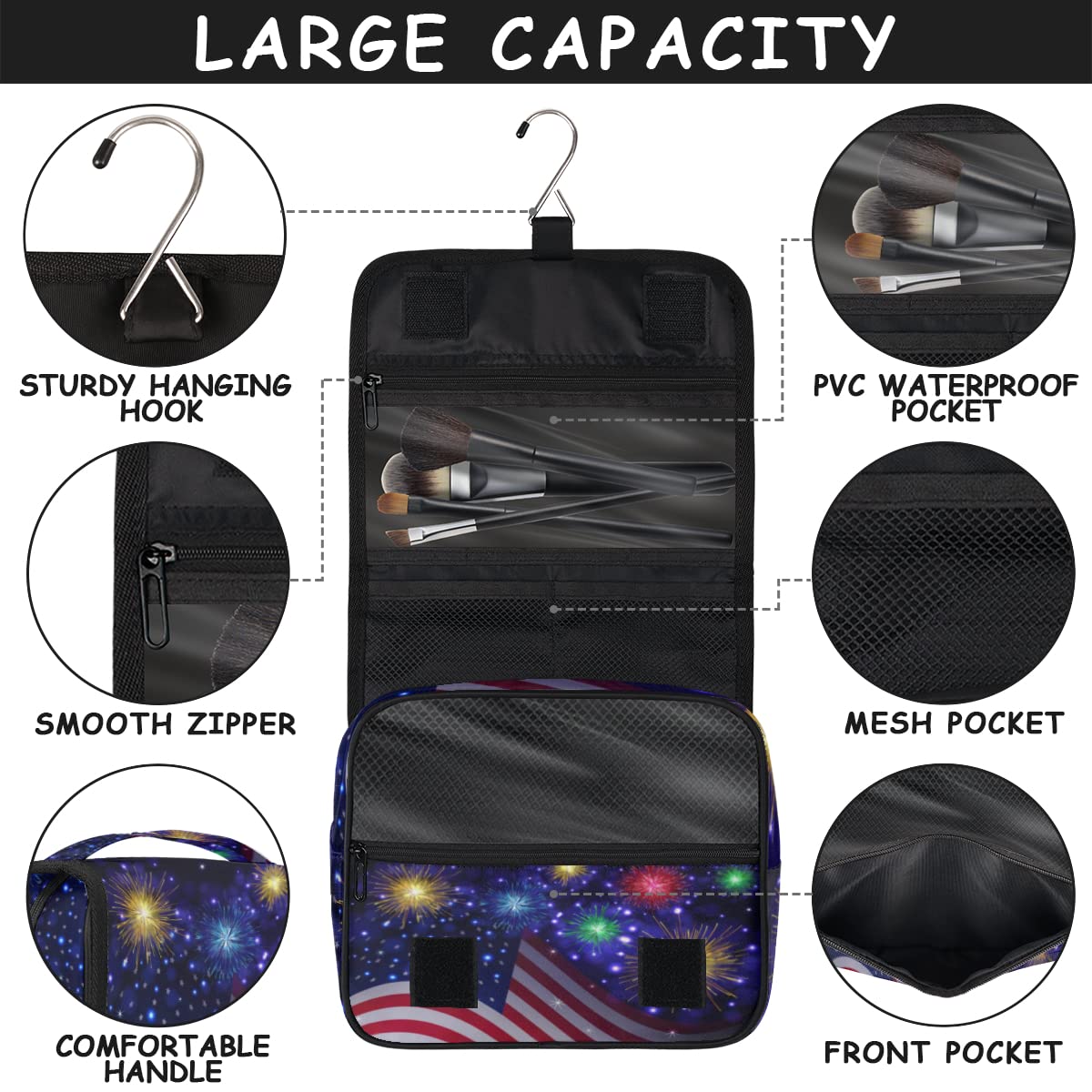 Ndependence Dzień Wakacje Podróżna kosmetyczka Amerykańska flaga Mycie Torba Unisex Wiszące przybory toaletowe Kosmetyczka Organizer do makijażu, wielobarwny, Jeden rozmiar