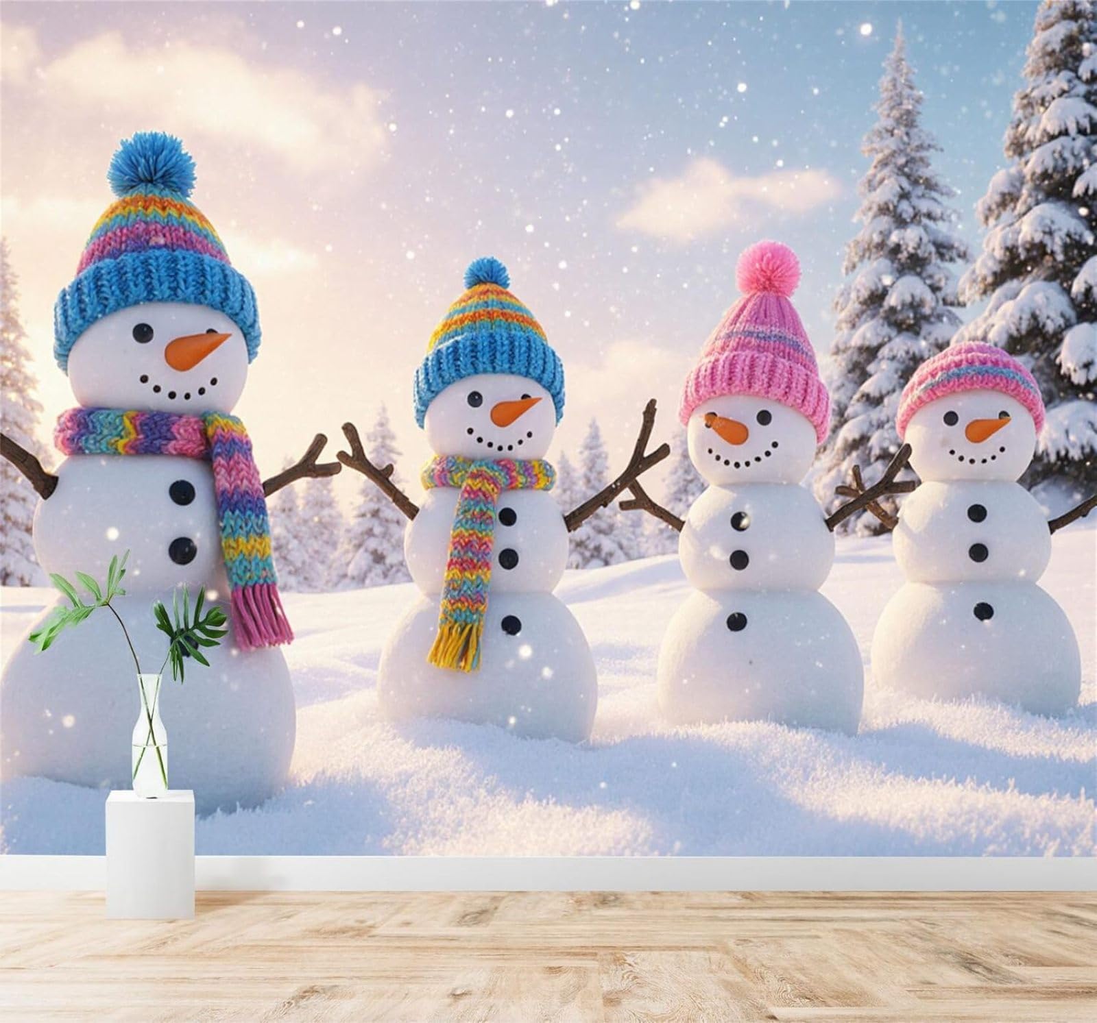 XLMING Cute Snowman Colourful Hat Pine Tree Winter Snowy Landscape 3D Wallpaper Premium Textured Silk Study Dining Living Room Bedroom Sofa TV Wall Easy Install-400cm×280cm