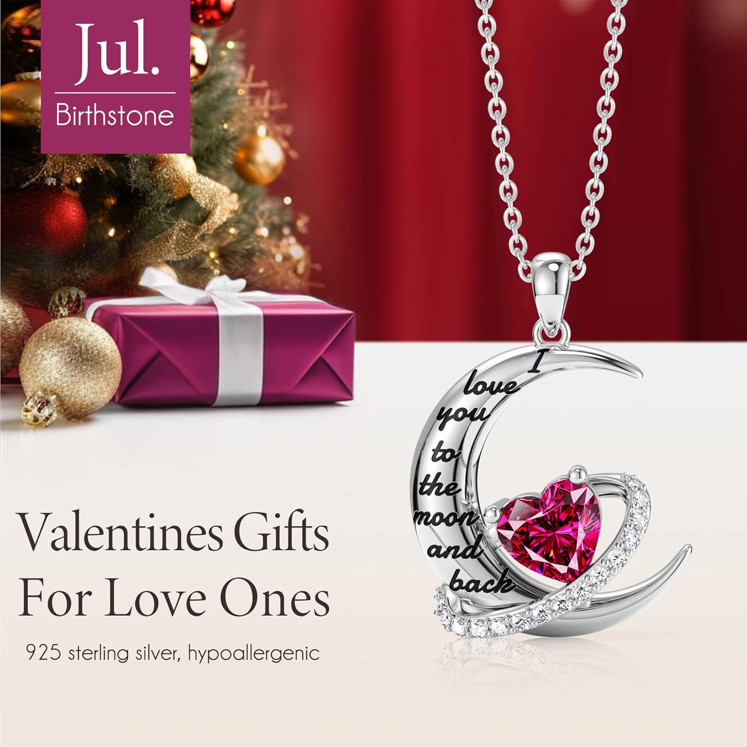 Distance Valentine's Day Gift I Love You to The Moon and Back Necklace for Women, S925 Sterling Silver Forever Love Heart Birthstone Necklace, Anniversary Birthday Jewelry Gifts for Her Wife Lover - Image 2