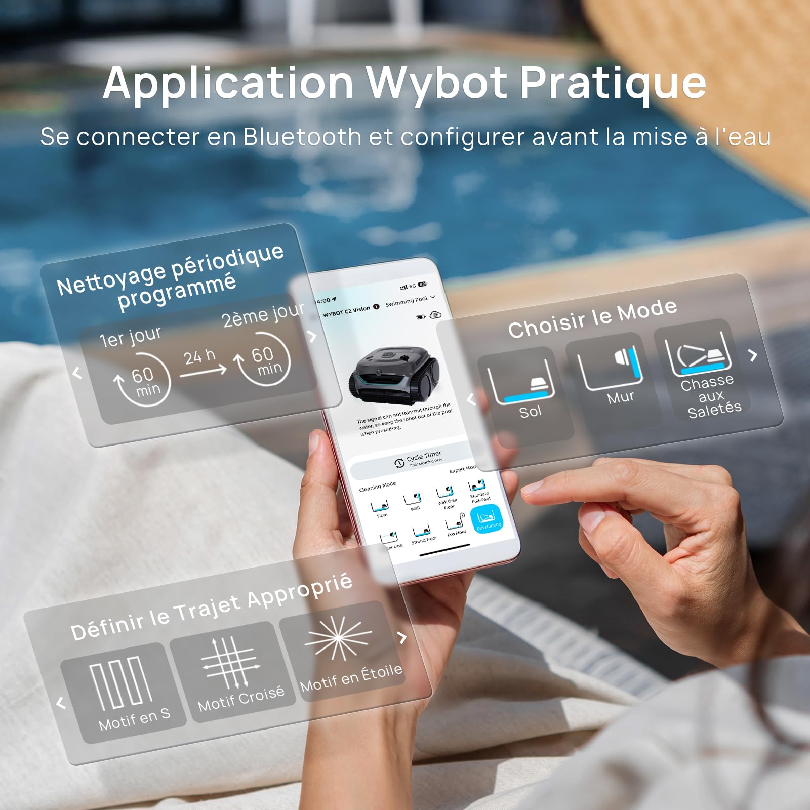WYBOT (Nouveau Modèle) Robot Piscine sans Fil C2 Vision-A avec caméra IA, Filtration Ultra-Fine, Forte Aspiration, Nettoyage Fond/parois & Ligne d’Eau, Navigation Intelligente – Bleu-Vert Gris