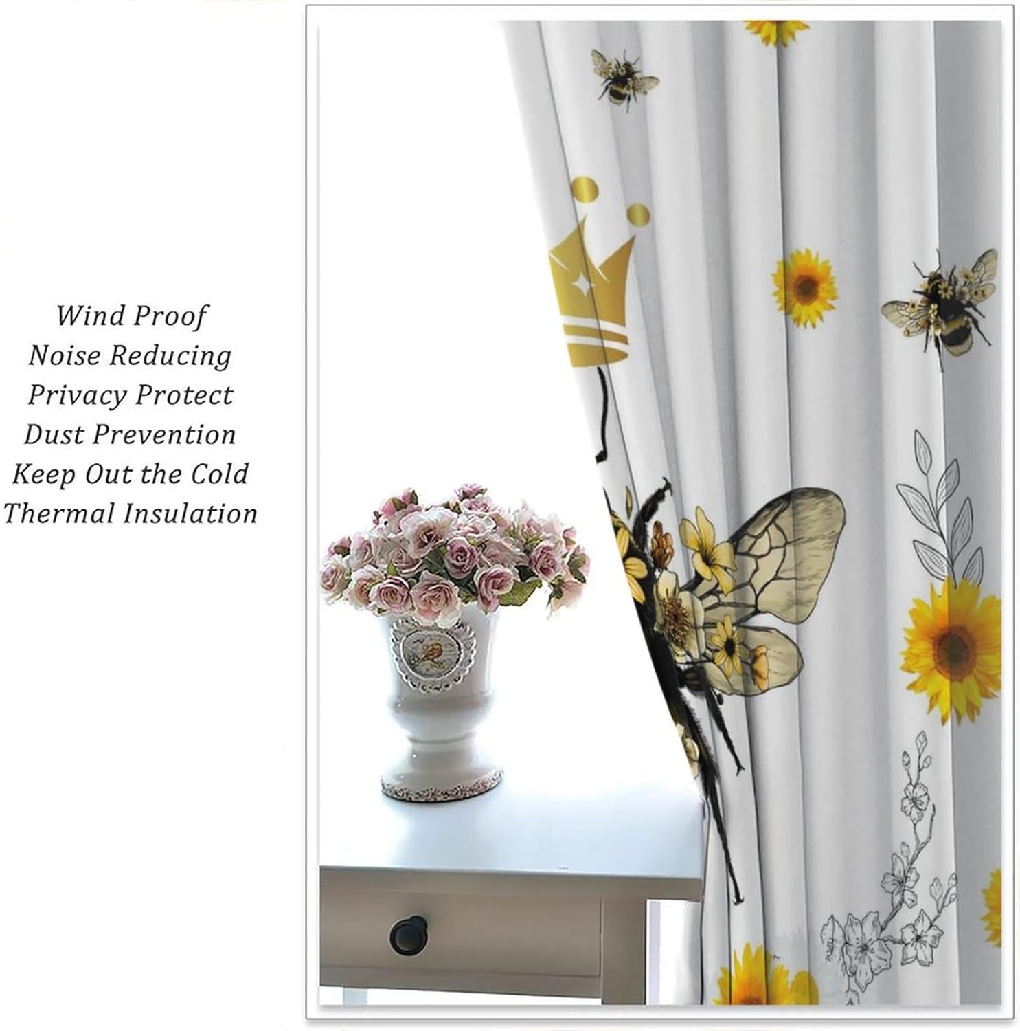 Bee Blackout Curtain,Spring Animals Yellow Floral Window Treatment Curtains Cloth Farbic for Cafe Bedroom Office Dining Room Living Room Kitchen Drapes,84x84 in