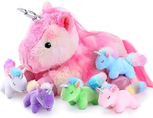 Miniatura 8 de Sumind Peluche de unicornio arcoíris para mamá con 5 lindos unicornios en su barriga, juguete de peluche para mamá, niñas, bebés y niños pequeños de