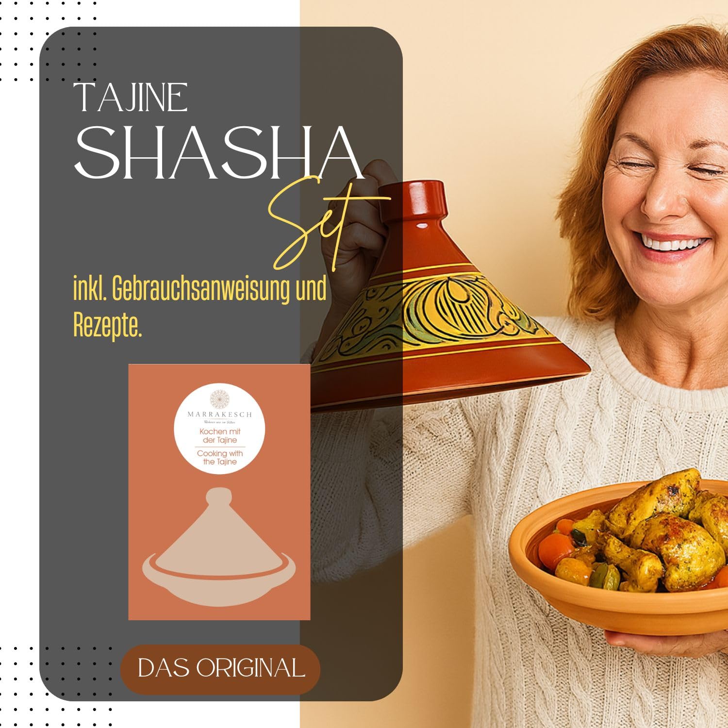 Tajine marocain pour la cuisson | Cocotte émaillée Chaouen Ø 30 cm pour 4 à 5 personnes | Avec recette et manuel d'utilisation (français non garanti) | Pot en terre cuite original fabriqué à la main
