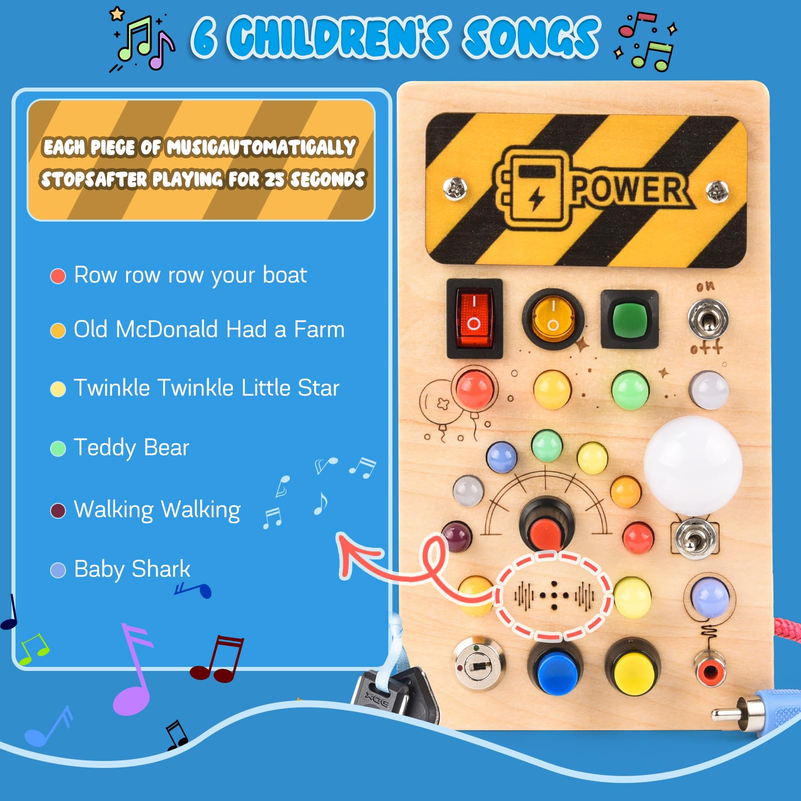 Busy Board Montessori Activity Board a Partire da 1 Anno Giocattolo Montessori in Legno con 8 interruttori, 15 luci a LED, 6 musiche per Neonati e Bambini Piccoli Educazione sensoriale