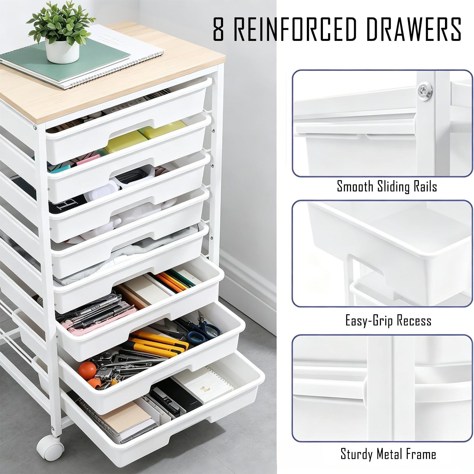 Cajonera con Ruedas de 8 Cajones, Plástico con Encimera de Madera, Mueble Almacenamiento Móvil Multiuso