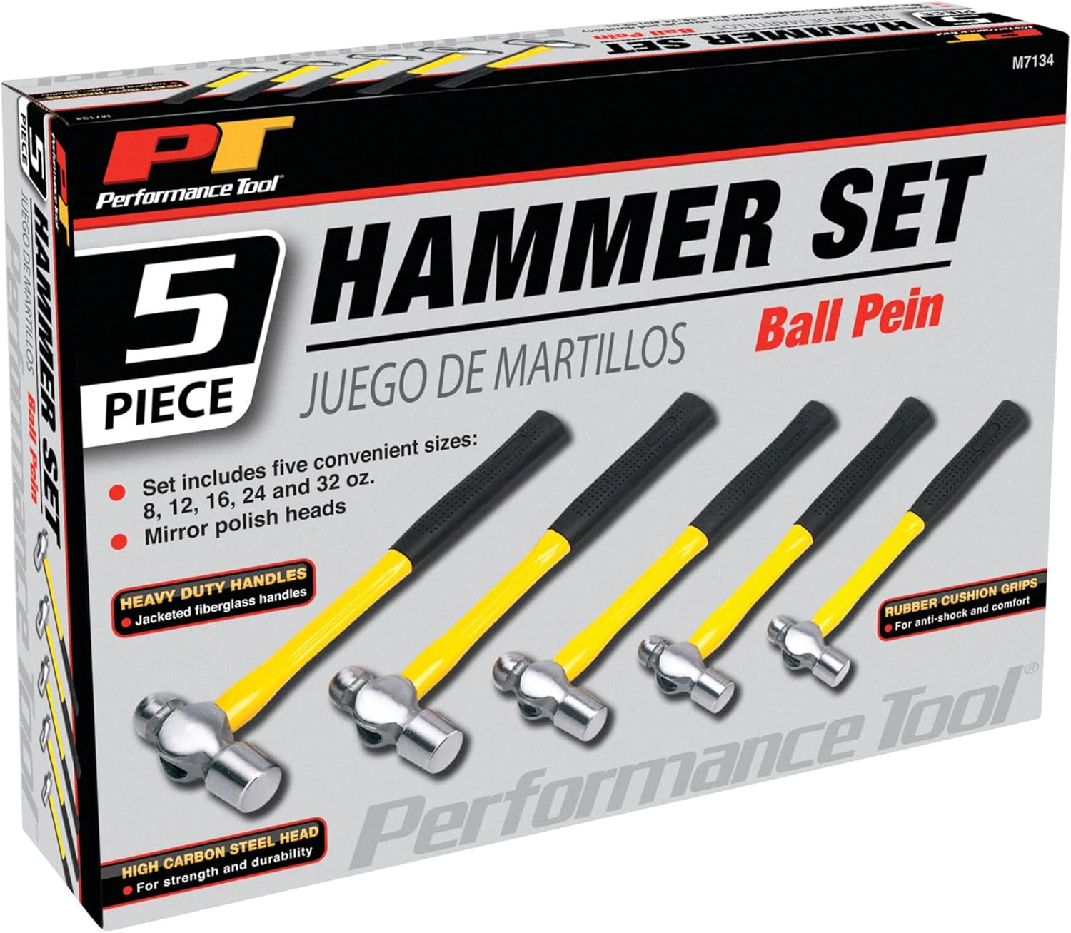 Performance Tool M7134 Fiberglass Ball Pein Hammer Set, With Fiberglass Handle (5pc)