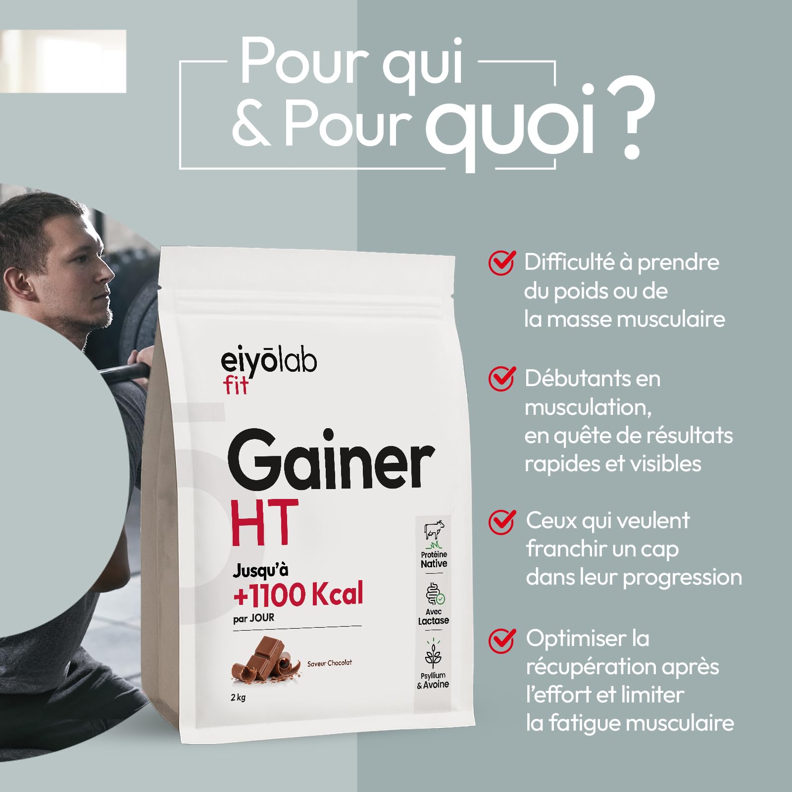 GAINER HT | 2 Sources de Protéines Natives + 2 Sources de Glucides + MCT | Gainer Prise de Masse Musculation | Whey + Caséine + Maltodextrine + Psyllium | Boisson Shaker Goût Chocolat | 2 kg | Eiyolab