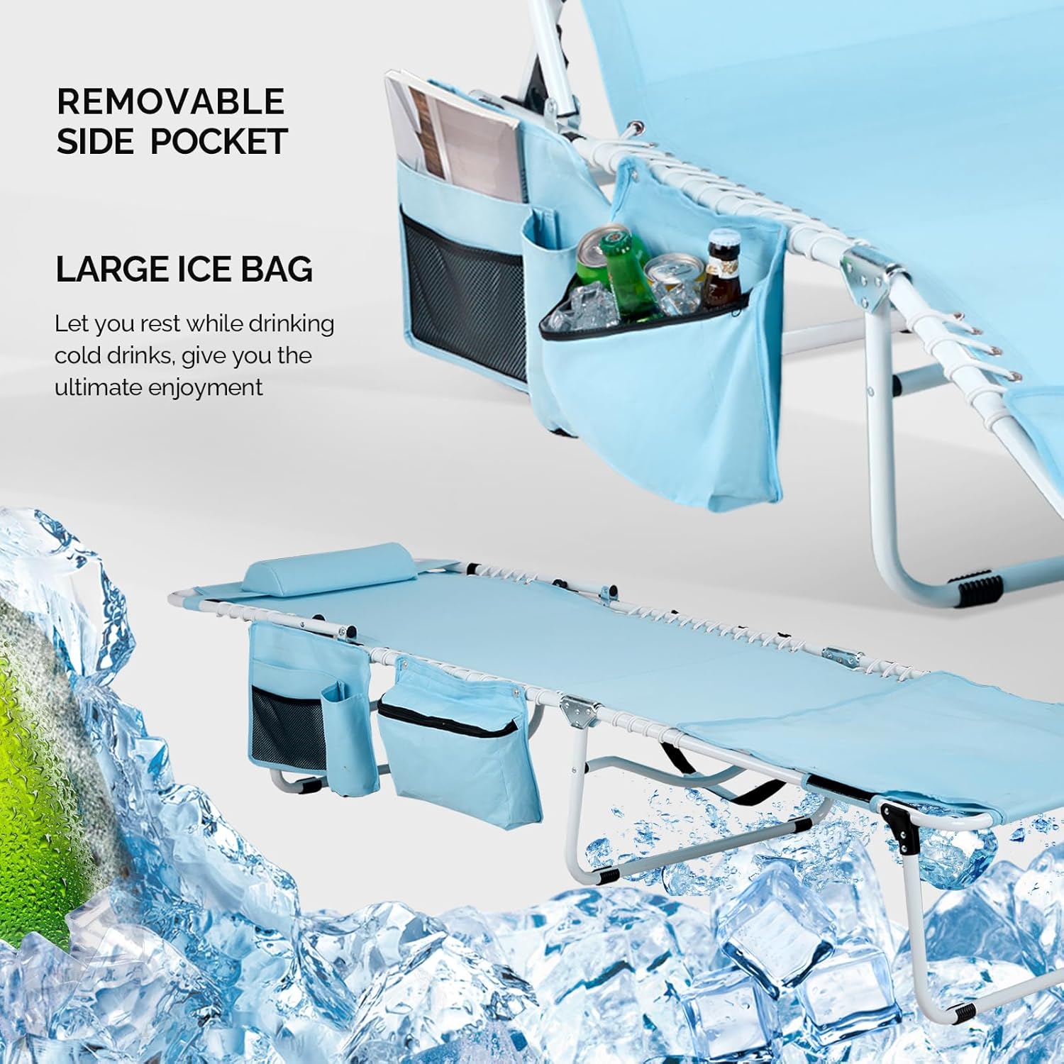 VINGLI Oversized Tanning Chair with Face Hole & Carrying Bag, Beach Lounge Chair Outdoor for Adults, Folding Lounge Chair for Sun Tanning, Laying Out Chairs for Tanning Lounger Outside, 475lbs, Blue