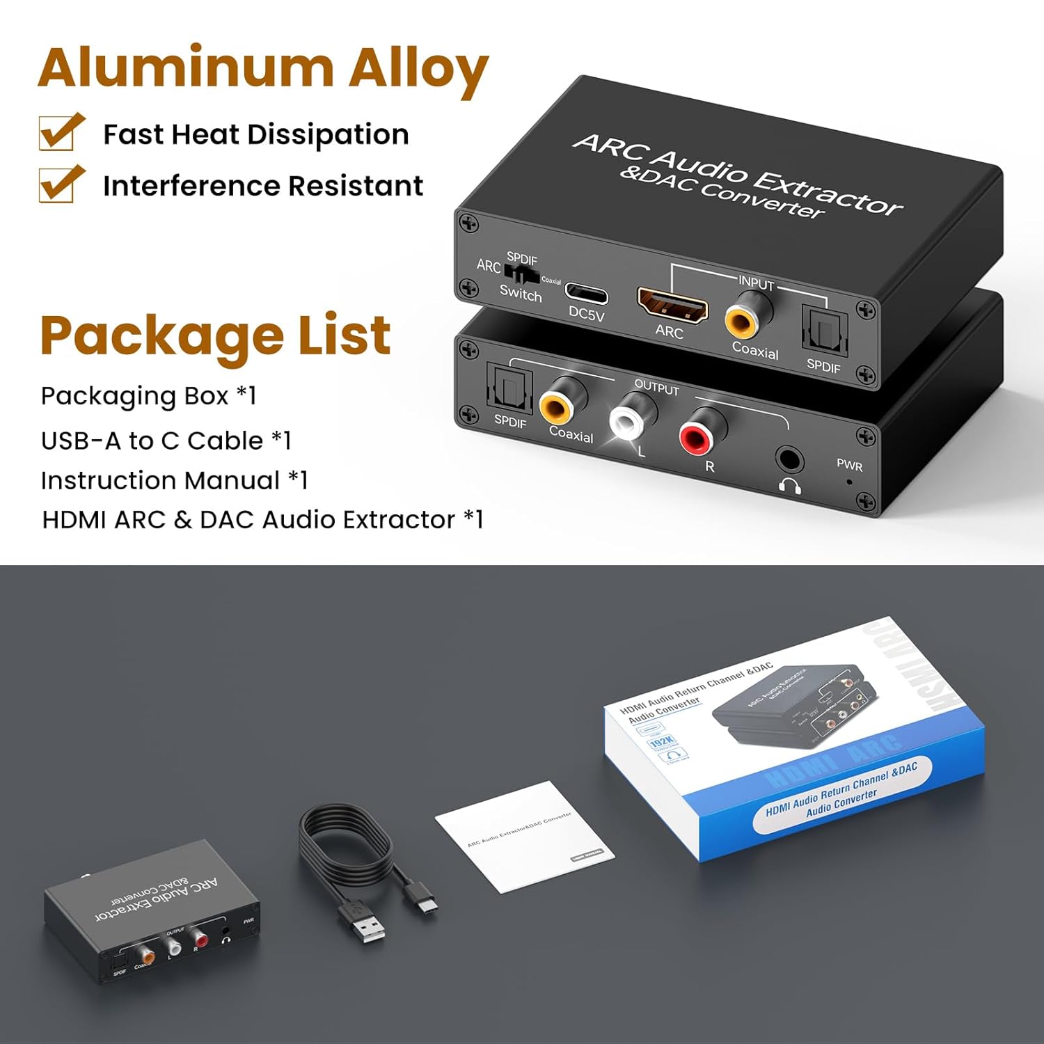 HDMI ARC Audio Extractor Adapter,Digital Coaxial Optical to Analog 192Khz R/L RCA 3.5mm Headphone DAC Converter,ARC Port on HDTV/Projector/Speaker/Amplifier/Headphones