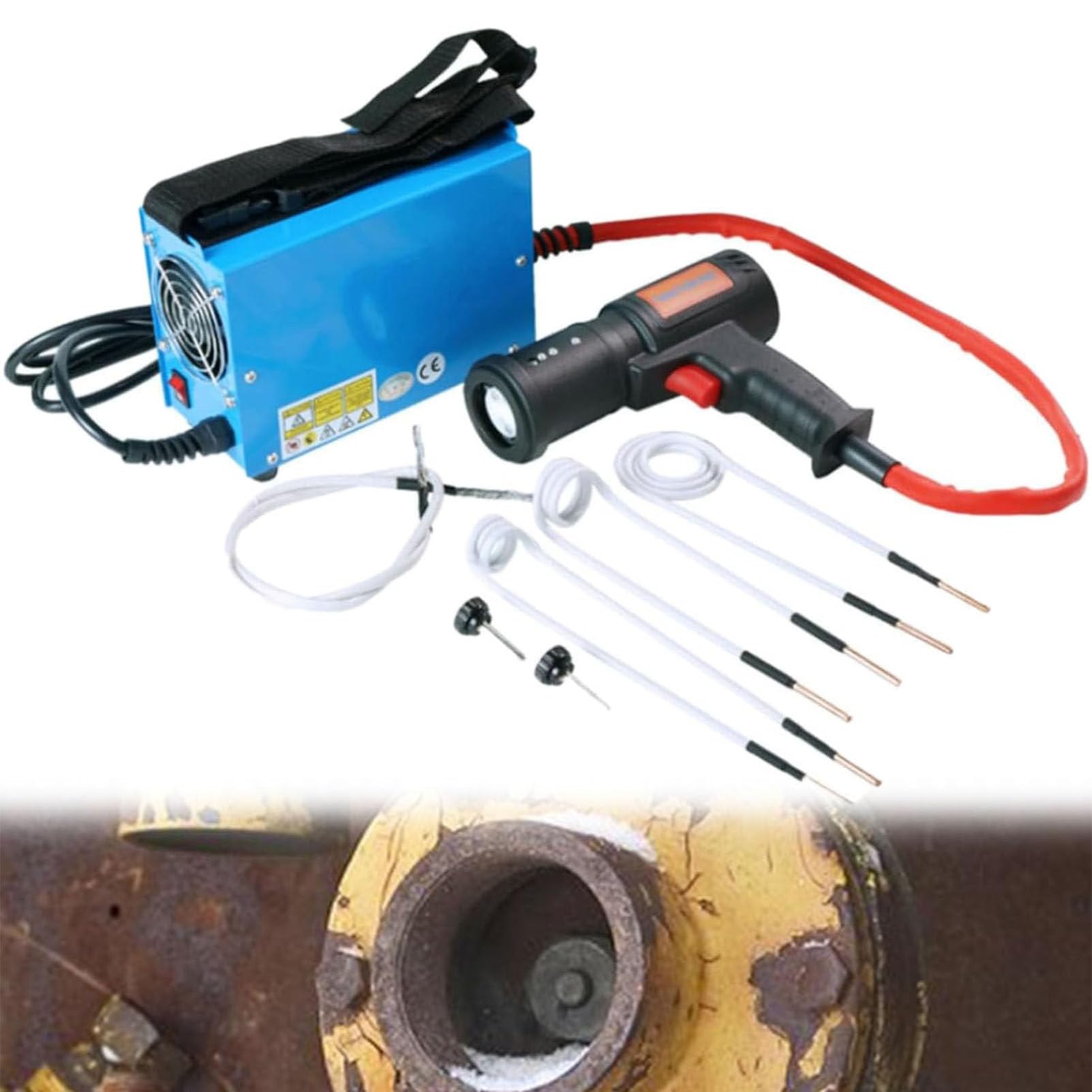 Zestaw podgrzewacza indukcyjnego, 1500W 220V, przenośne narzędzie automatyczne do bezogniowego podgrzewania śrub, do usuwania zardzewiałych śrub, z 4 cewkami i pudełkiem