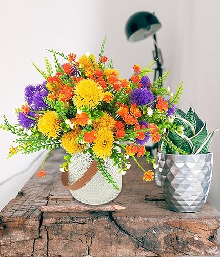 Miniatura 4 de 6 flores artificiales, flores falsas de narcisos naranjas, flores falsas de hortensias amarillas, flores de gypsophila moradas sintéticas, 2 piezas