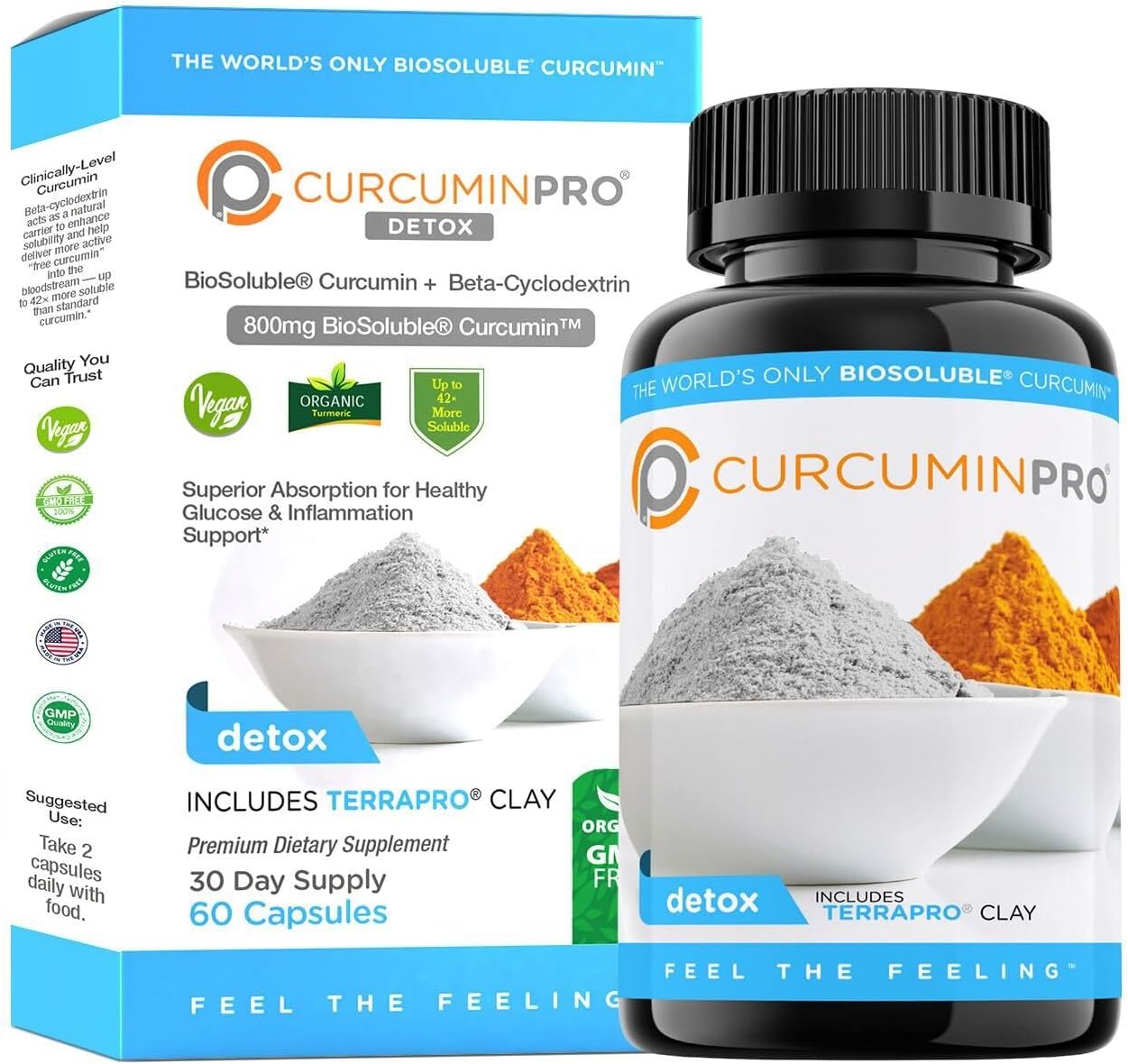 curcuminpro Detox Capsules | Organic Turmeric Supplement with BioSoluble BCD & Natural Bentonite Clay | High Absorption Vegan Curcumin Blend for Gut and Heart Wellness | 60 Count