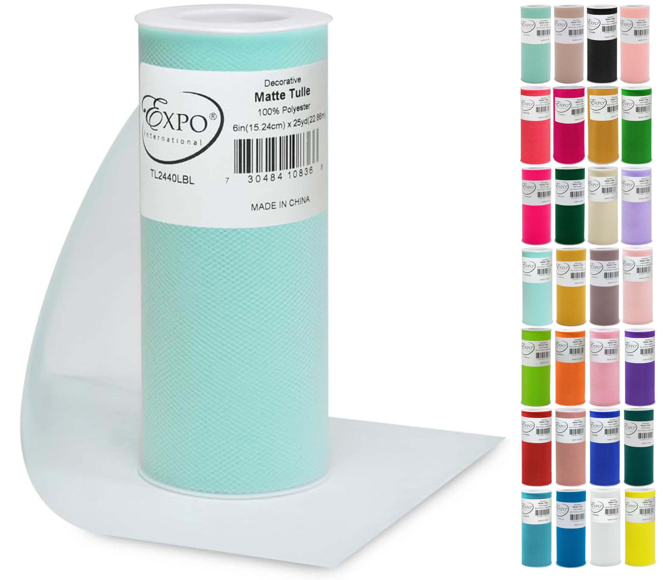 Expo International Decorative Matte Tulle, Lightweight Polyester Tulle Fabric for Tutus, Costumes, and Party Decorations, Washable, Easy-to-Use, 6 Inch x 25 Yards, Light Blue, Pack of 1