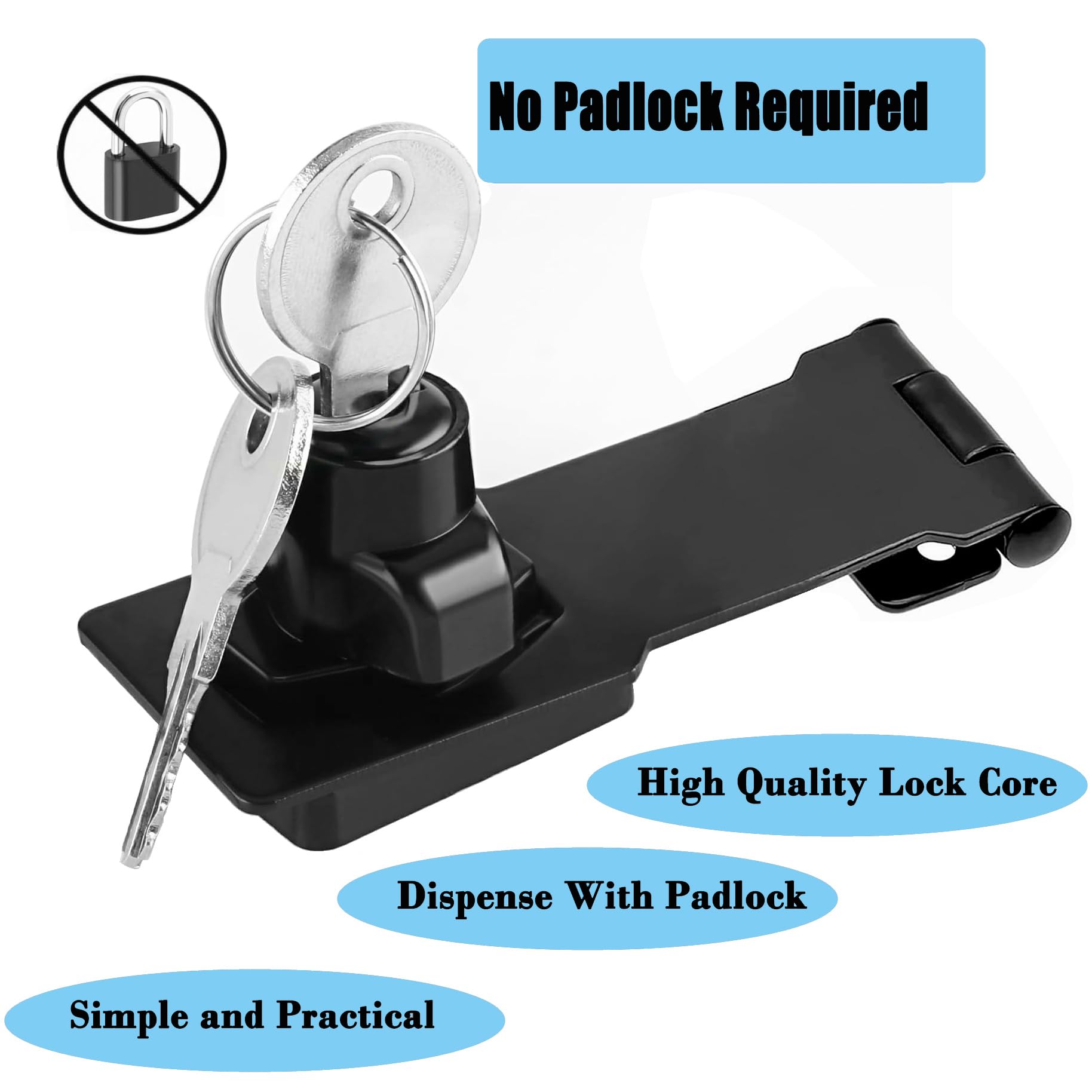 Litensh Keyed Hasp Lock Right Angle 90 Degrees Lock Hasp Twist Knob Keyed Locking Hasp Shed Locks Door Clasp Door Bolt Latch Buckle Hasp with Padlock Keys for Cupboard (2.5 Inch Black) - Image 4