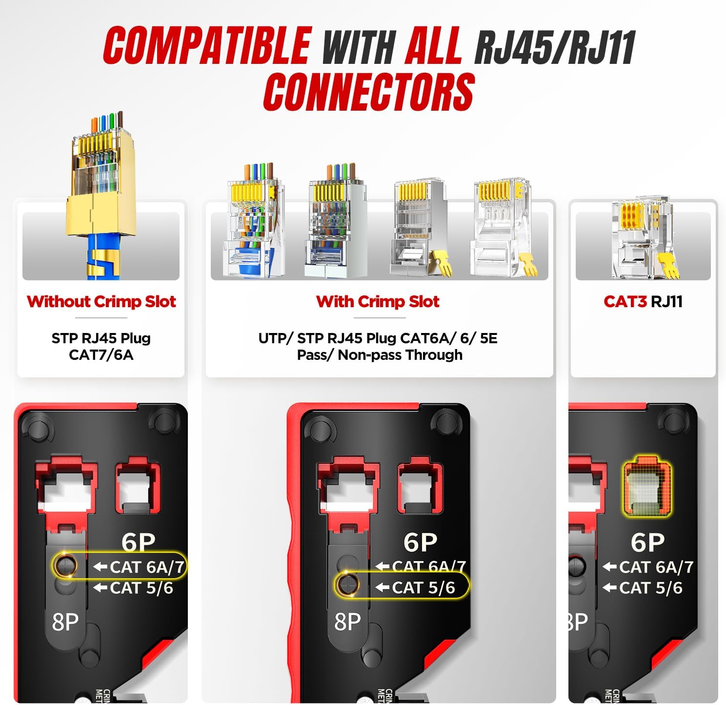AMPCOM Pass Through RJ45 Crimp Tool 1PC and LAN & TEL Continuity Test Tool 1 PC for CAT5E/6/6A/7/8 UTP & STP