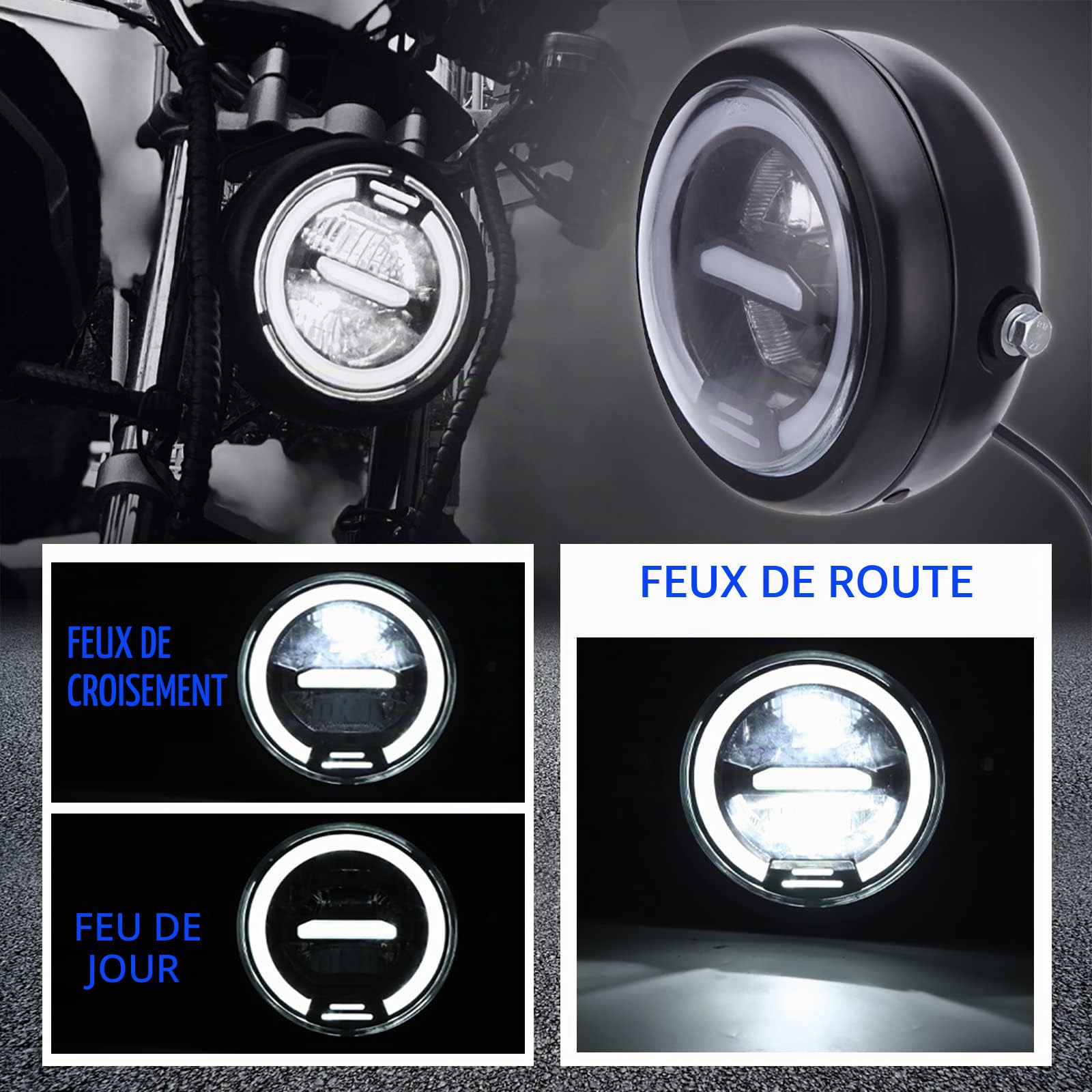 JMTBNO Phare de Moto LED de 6,5 Pouces avec Support de Phare de Moto, Feux de Conduite Halo DRL Lumière Blanche Universel 12V pour Bobber Chopper Cafe Racer Retro
