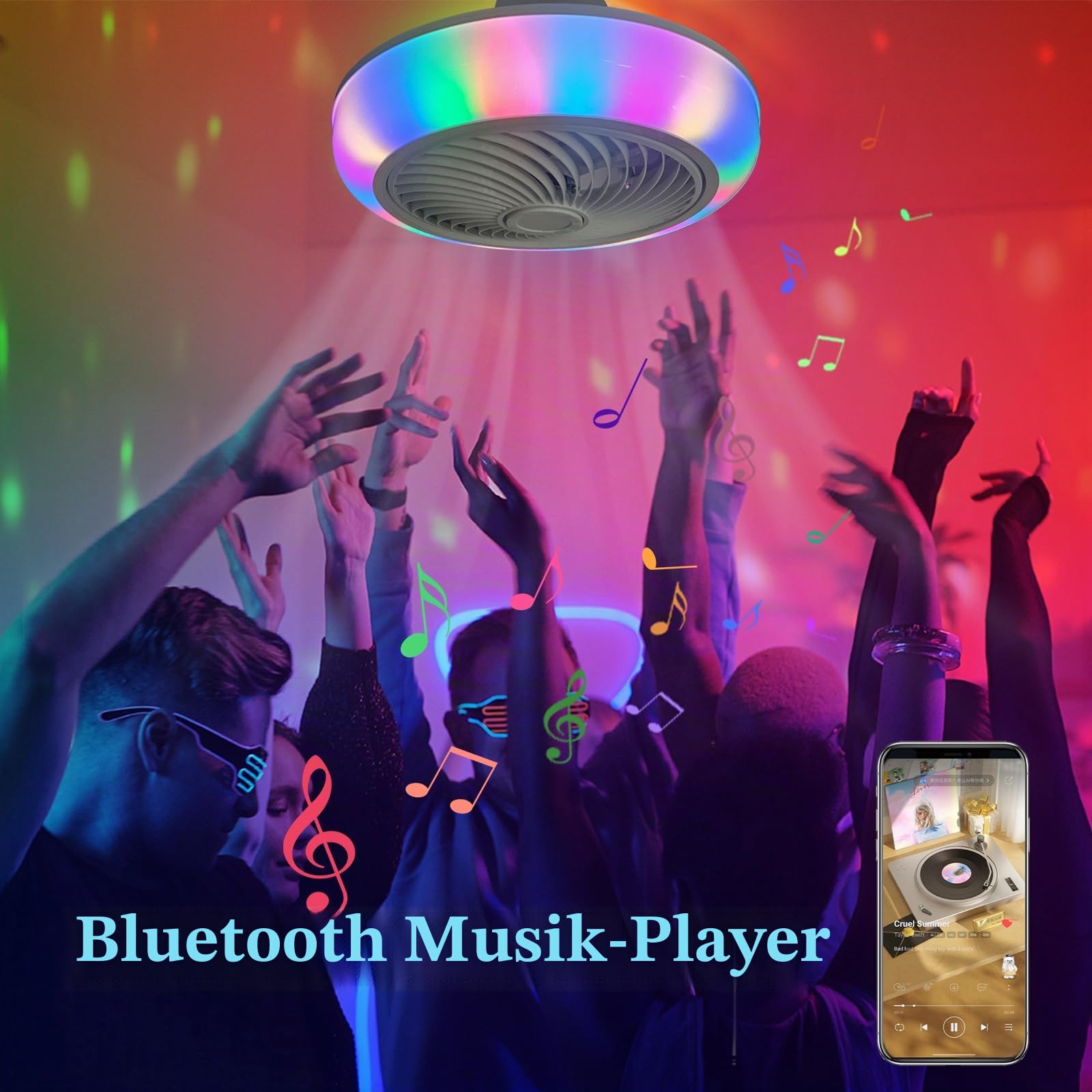 VOMI Reversibler Deckenventilator mit Beleuchtung RGB Fan Deckenlampe mit Bluetooth Lautsprecher, Schlafzimmer Lampe Decke mit Ventilator Kinderzimmer Deckenleuchte LED Dimmbar Fernbedienung/APP