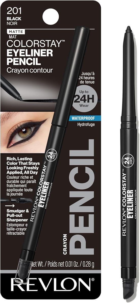 ColorStay Pencil Waterproof Eyeliner, 201 Black, 0.01 oz | Waterproof pencil eyeliner with built-in sharpener. Smudge-proof, long-lasting, intense matte color.