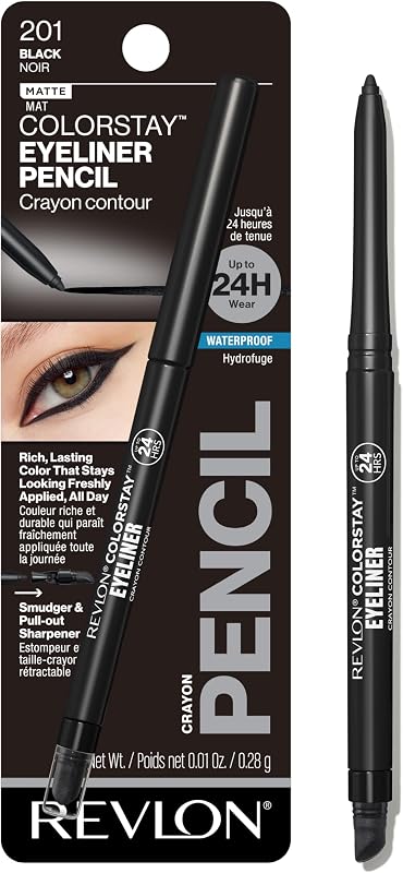 ColorStay Pencil Waterproof Eyeliner, 201 Black, 0.01 oz | Waterproof pencil eyeliner with built-in sharpener. Smudge-proof, long-lasting, intense matte color.