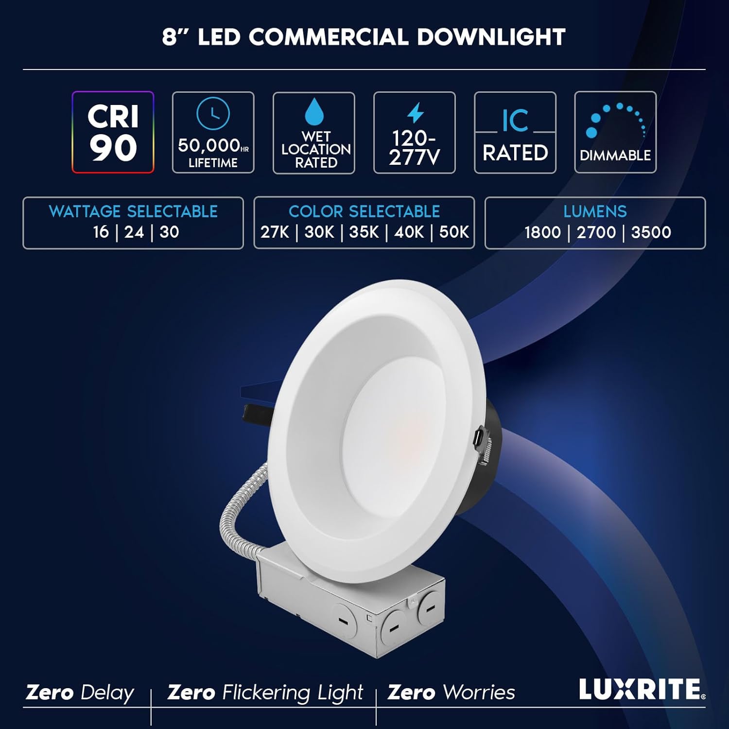 LUXRITE 8" Inch Commercial LED Recessed Light with J-Box, 5 Color Options 2700K - 5000K, 3 Wattages 16/24/30W, 0-10V Dimmable, CRI90, 1800/2700/3500 Lumens, 120-277V, Wet Rated, IC Rated