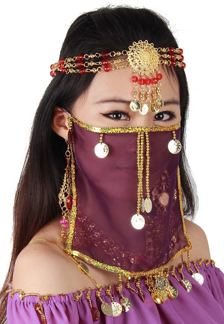 Grouptap Silk belly dance sexy face veil mask costume womens girls Arabian Turkish outfits with gold jewelry tie (Purple)