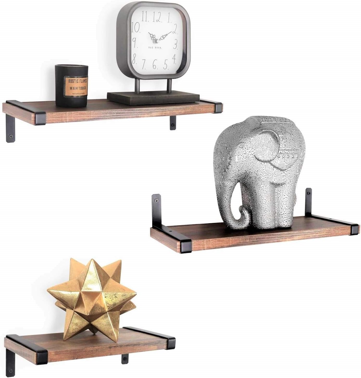 Under.Stated Wall Mounted Shelves, Wall Hanging Shelf Set of 3 for Living Room, Office, Kitchen, Bathroom &, Perfect Home Room Wall Decor, Made with Rustic Wood Black Metal Brackets (Brown)