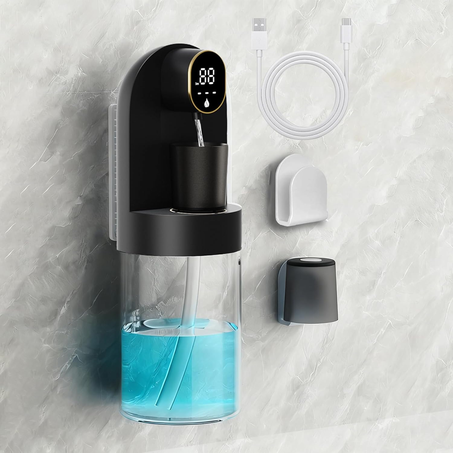 Mouthwash Dispenser, Automatic Smart Dispenser with LED Display & 4 Modes, Touch-Free Magnetic Spout, No-Drilling Wall Mounted, Large Visible Tank for Bathroom Essentials (Black)