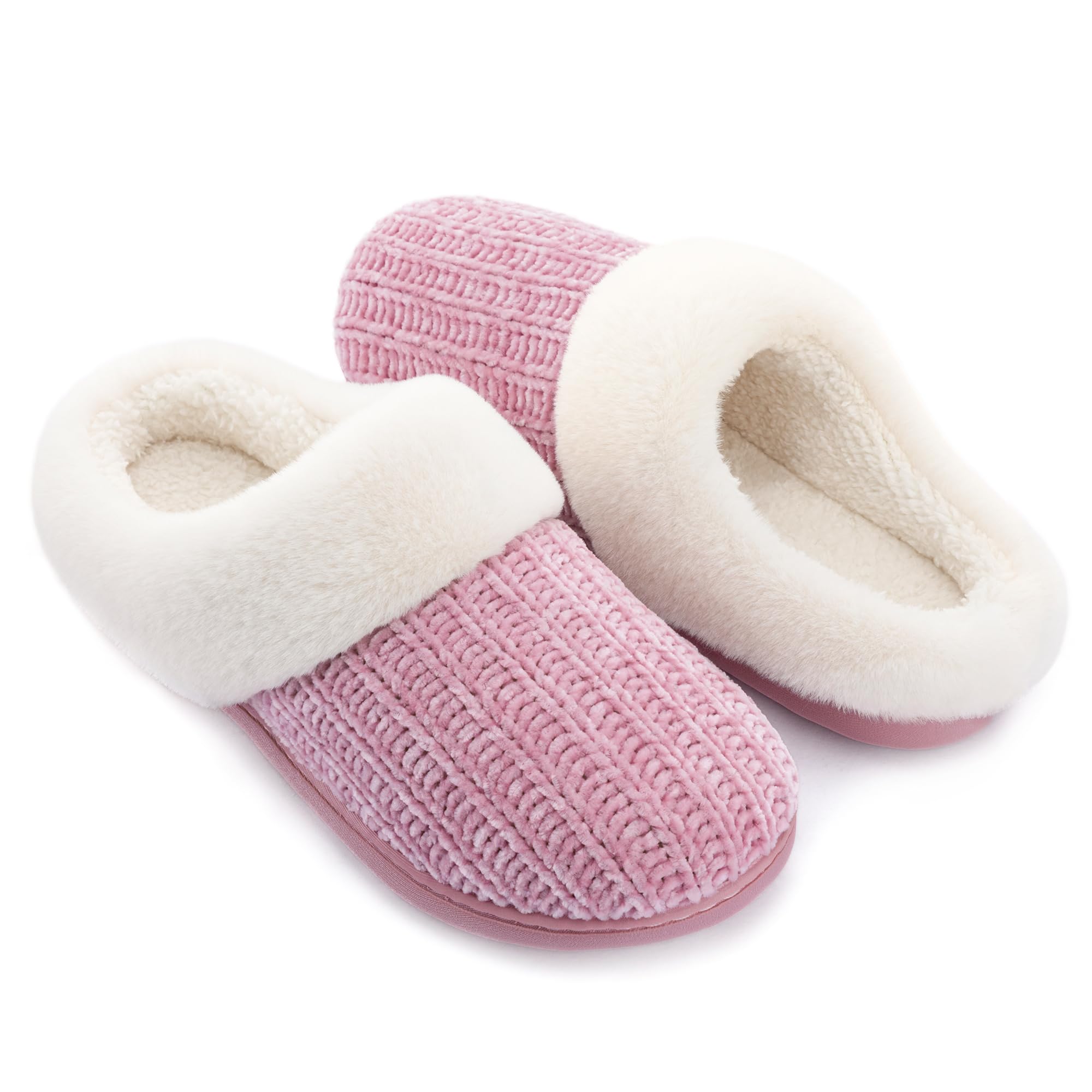 RockDove Womens Plushloom Warm Chenille Knit Cute House Slipper with Sherpa Fleece Lining Memory Foam Cushion and Non