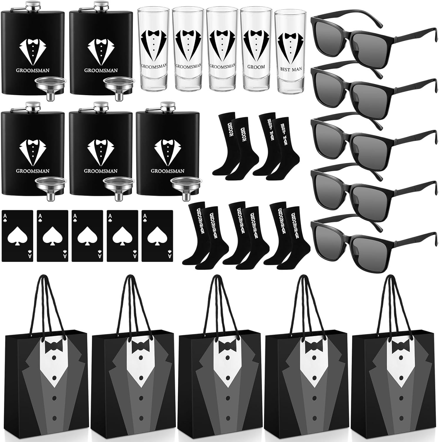 Maxcheck 30 Pcs Groomsmen Gifts Set Groomsmen Proposal Bags with Tuxedo Flask Shot Glasses Poker Card Beer Bottle Opener Sunglasses Groomsmen Bags Socks Groomsmen Proposal Gift for Wedding Party